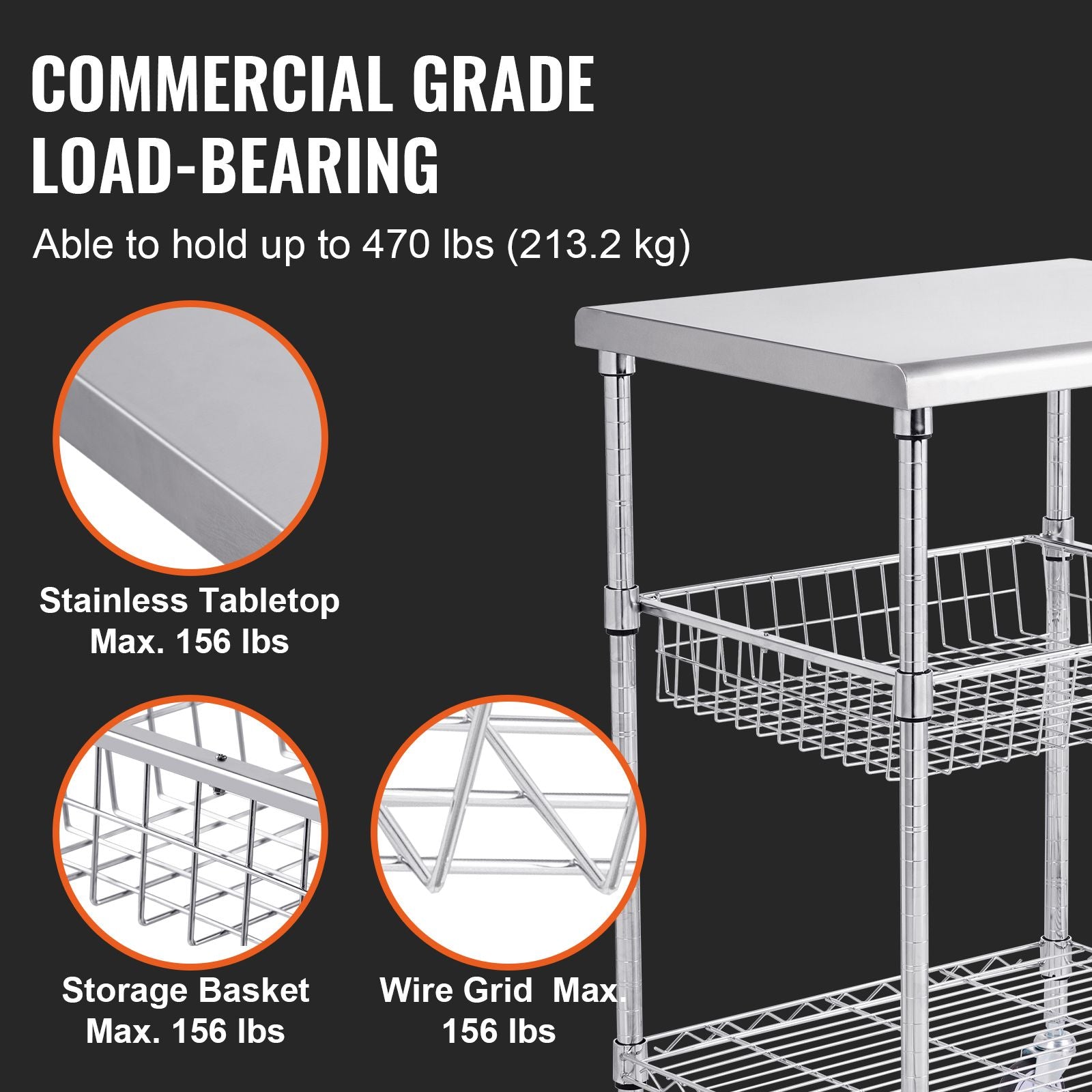 Kitchen Utility Cart, 3 Tiers, Wire Rolling Cart with 213kg Capacity, Steel Service Cart on Wheels, Metal Storage Trolley with 76mm Basket Curved Handle PP Liner 6 Hooks, for Indoor and Outdoor