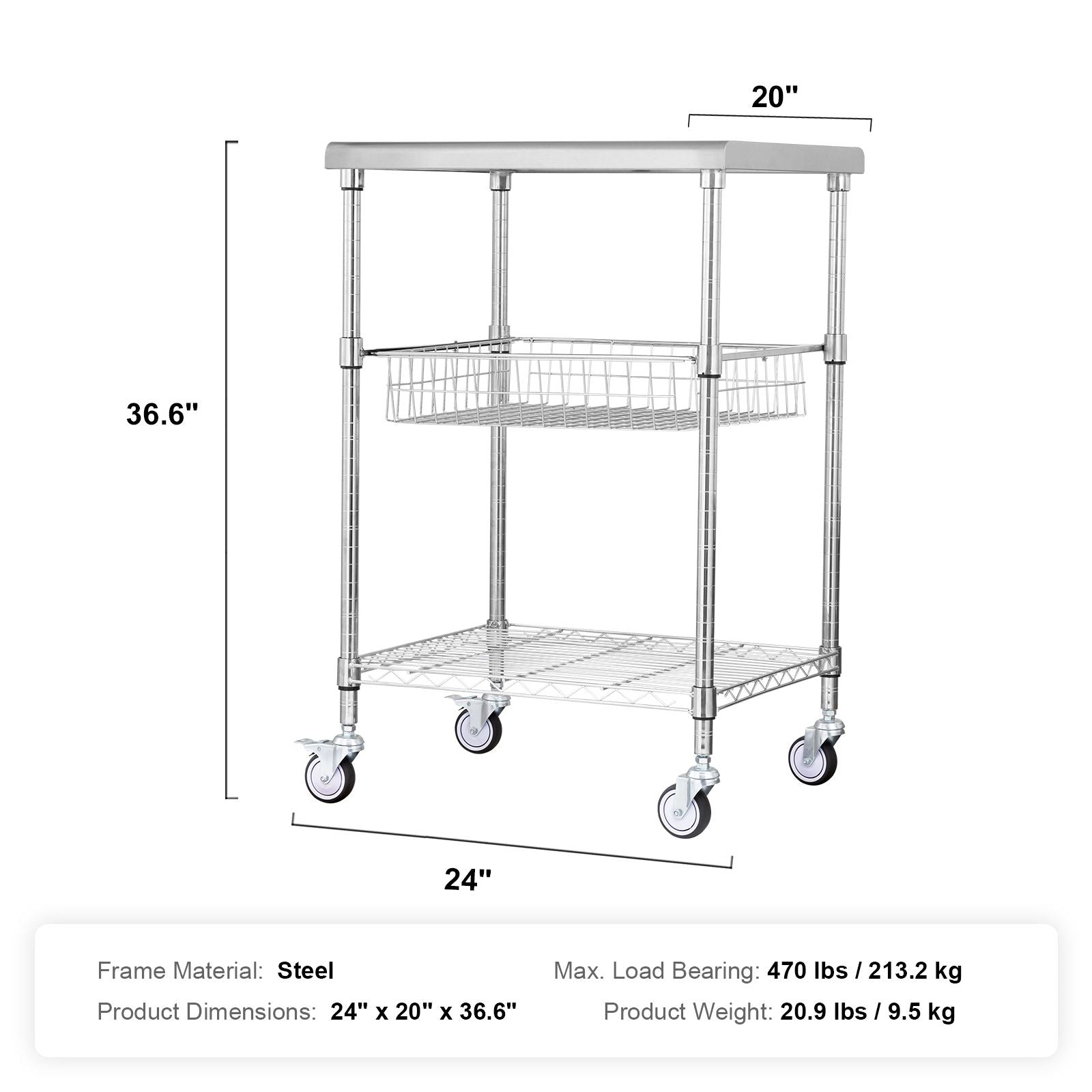 Kitchen Utility Cart, 3 Tiers, Wire Rolling Cart with 213kg Capacity, Steel Service Cart on Wheels, Metal Storage Trolley with 76mm Basket Curved Handle PP Liner 6 Hooks, for Indoor and Outdoor