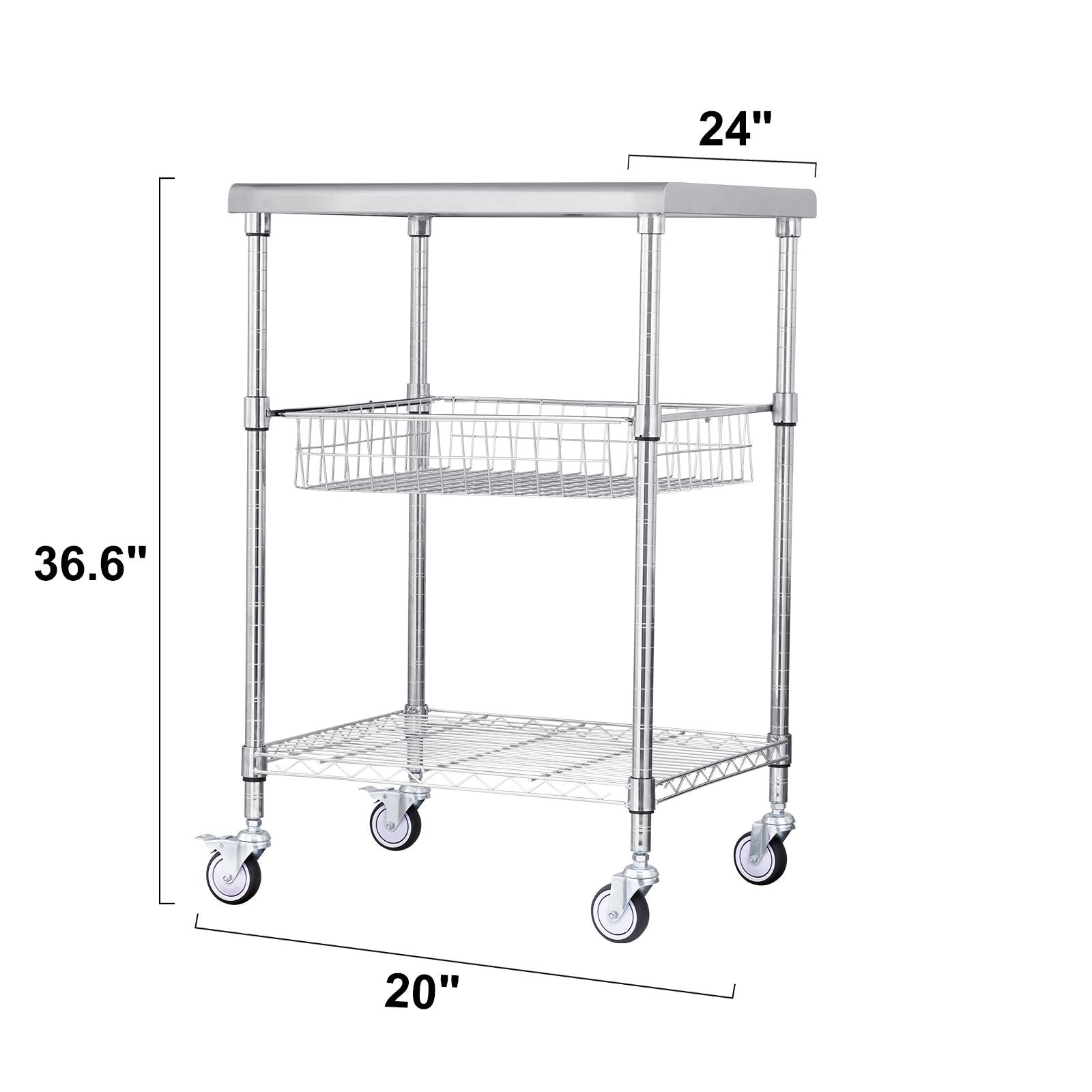 Kitchen Utility Cart, 3 Tiers, Wire Rolling Cart with 213kg Capacity, Steel Service Cart on Wheels, Metal Storage Trolley with 76mm Basket Curved Handle PP Liner 6 Hooks, for Indoor and Outdoor