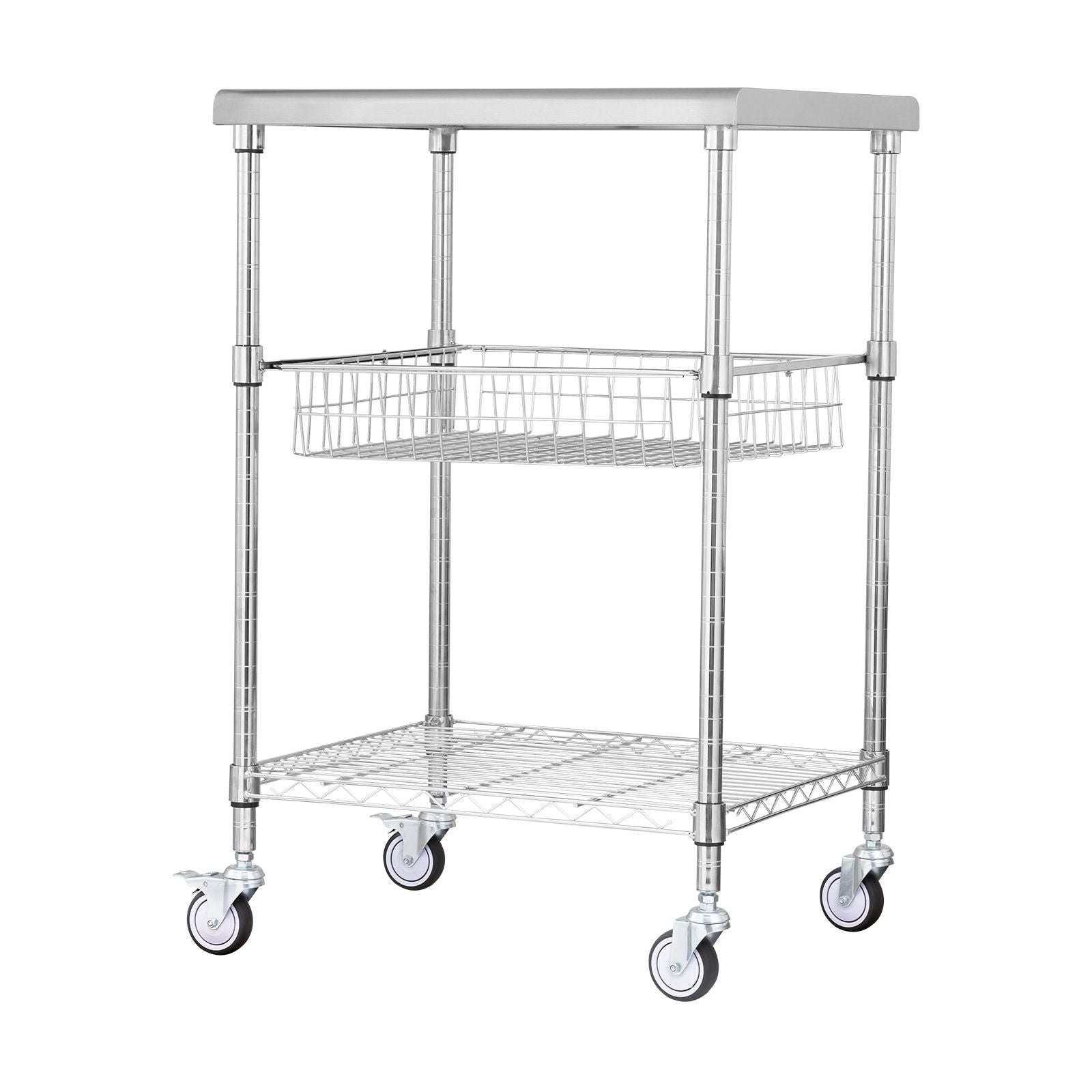 Kitchen Utility Cart, 3 Tiers, Wire Rolling Cart with 213kg Capacity, Steel Service Cart on Wheels, Metal Storage Trolley with 76mm Basket Curved Handle PP Liner 6 Hooks, for Indoor and Outdoor