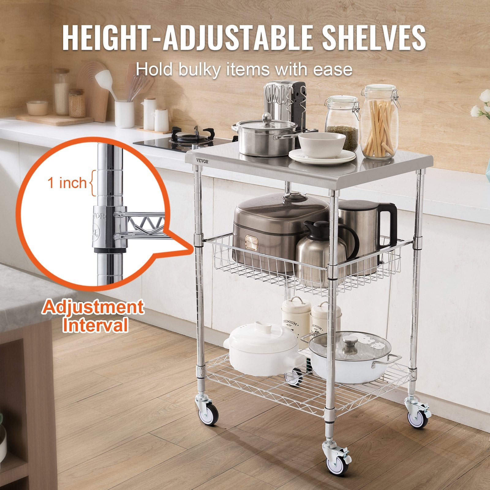 Kitchen Utility Cart, 3 Tiers, Wire Rolling Cart with 213kg Capacity, Steel Service Cart on Wheels, Metal Storage Trolley with 76mm Basket Curved Handle PP Liner 6 Hooks, for Indoor and Outdoor