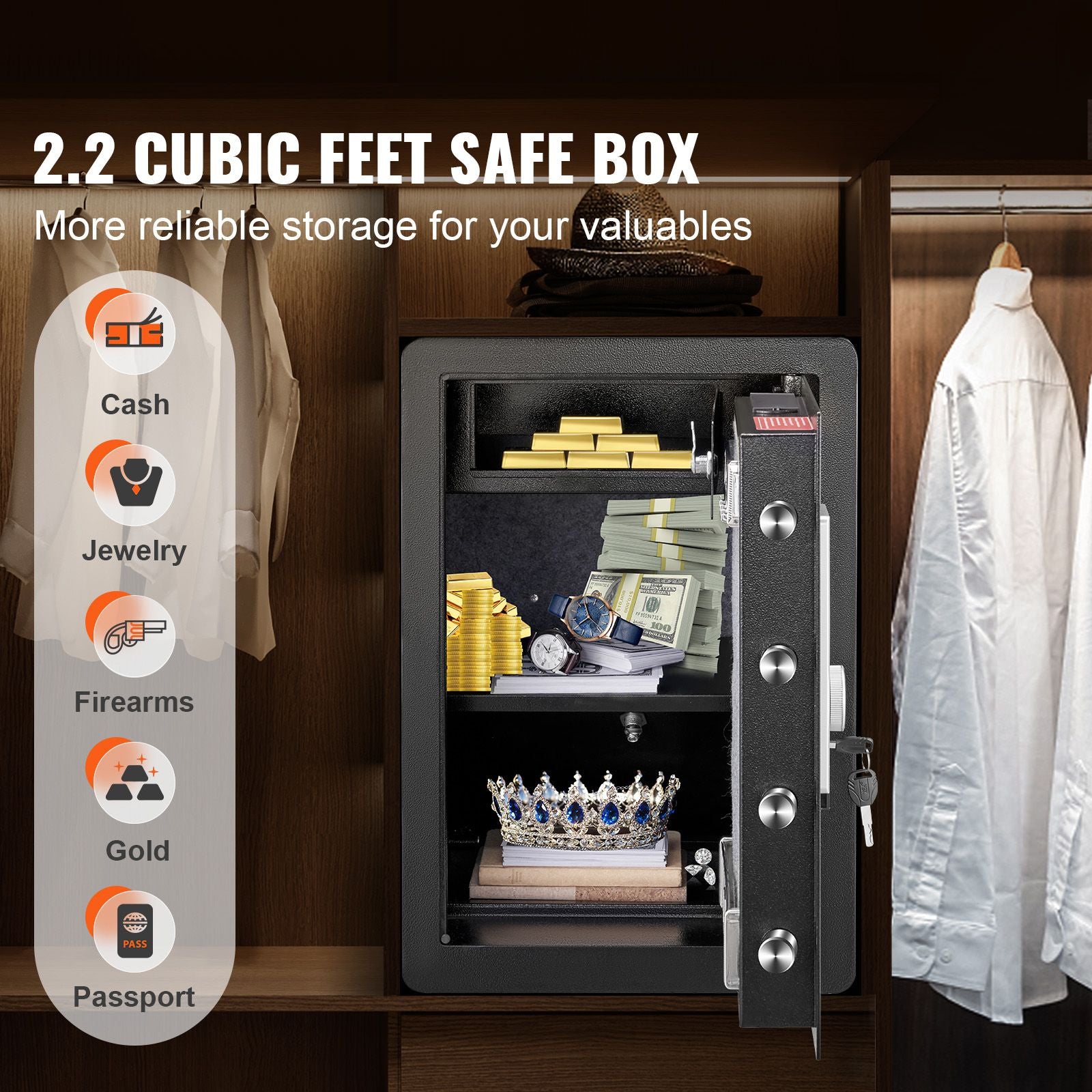 Safe 2.2 Cubic Feet Home Safe Steel for Cash Gold 15.75x13x23.6 inch Bedworld