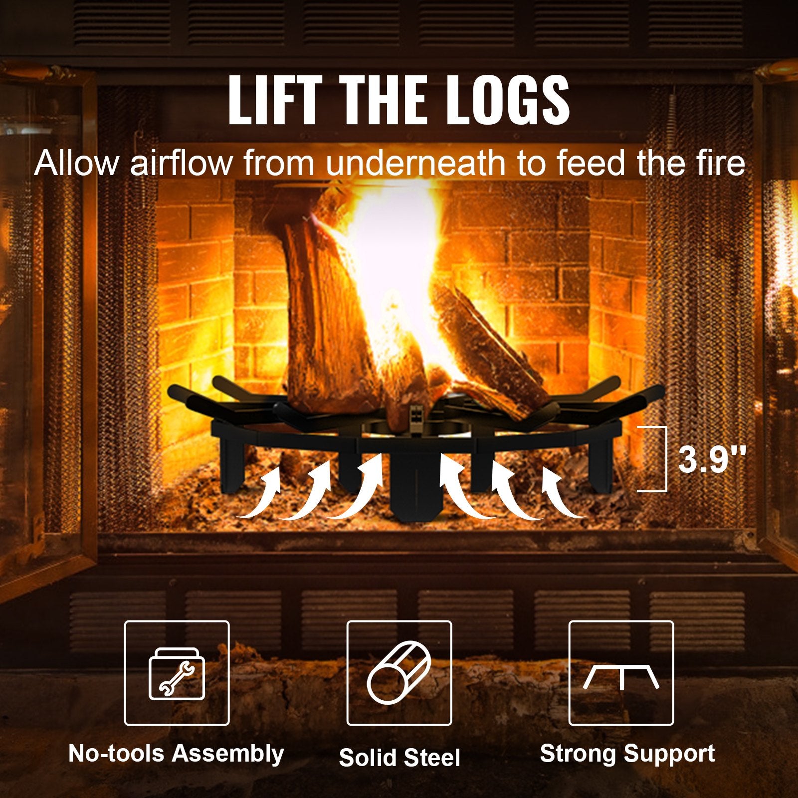 VEVOR Log Grate, 27 inch Heavy Duty Wheel Fire Grate with 6 Support Legs, Solid Powder-coated Steel Bars, Log Firewood Burning Rack Holder for Wood Stove and Outdoor Camping Fire Pit