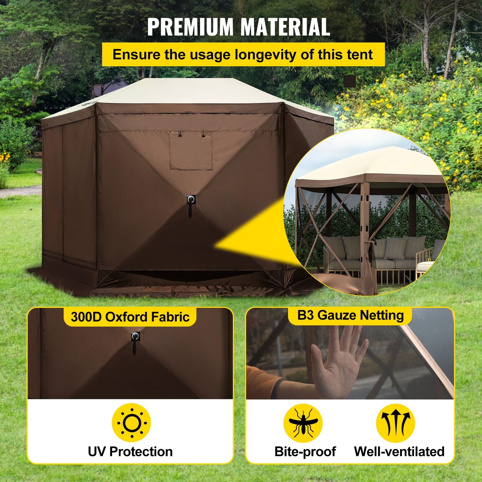 Pop-up Camping Gazebo Camping Canopy Shelter 6 Sided 10' x 10' Sun Shade Bedworld