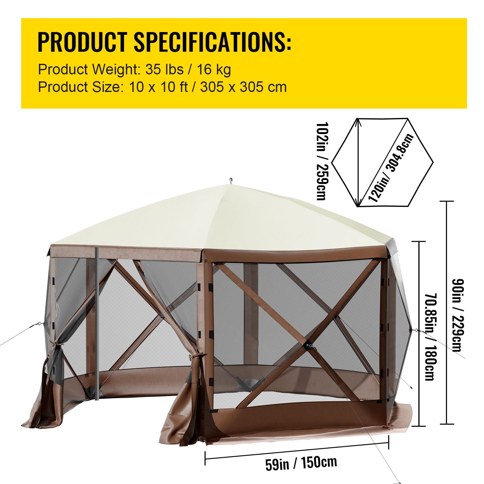 Pop-up Camping Gazebo Camping Canopy Shelter 6 Sided 10' x 10' Sun Shade Bedworld
