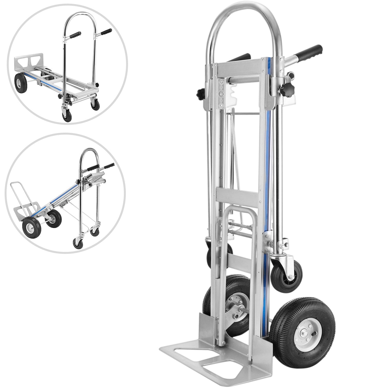 Folding aluminum hand truck with platform base, large wheels, and upright handle grips