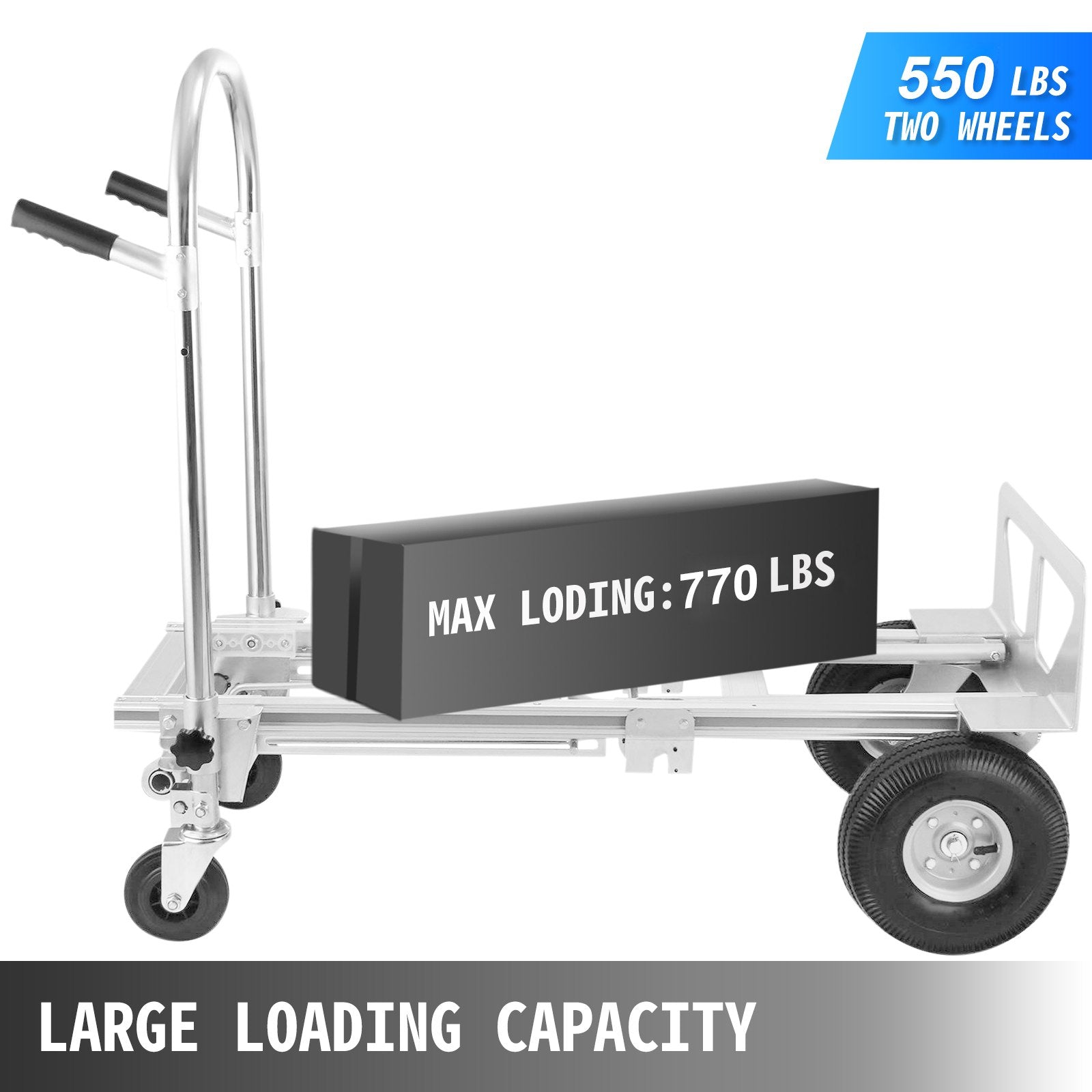 Two-wheel convertible aluminum hand truck with extended rail and sturdy base
