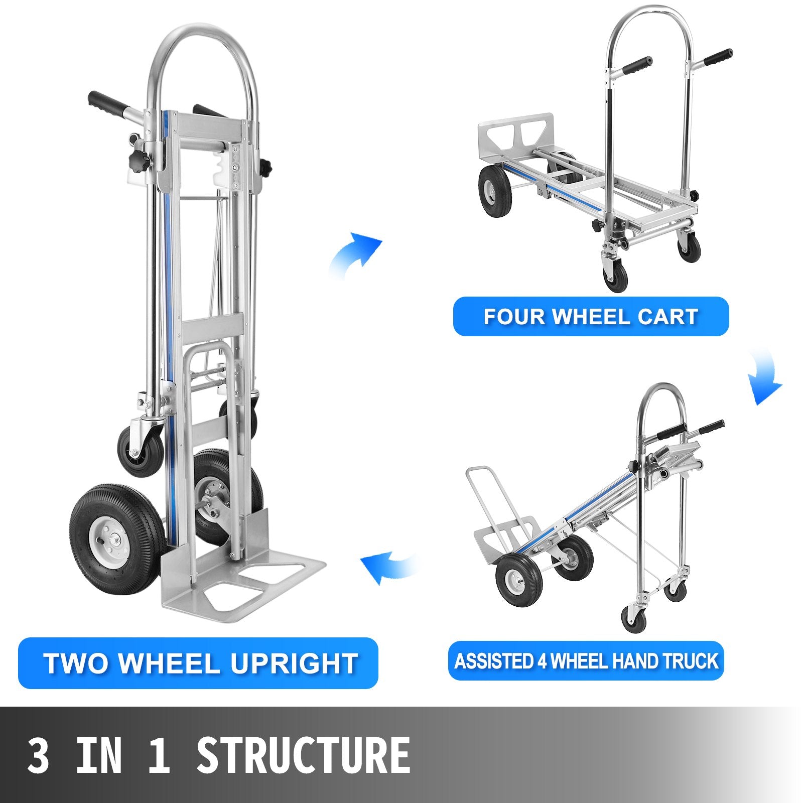 3-in-1 folding hand truck shown in upright and cart configurations with two front wheels