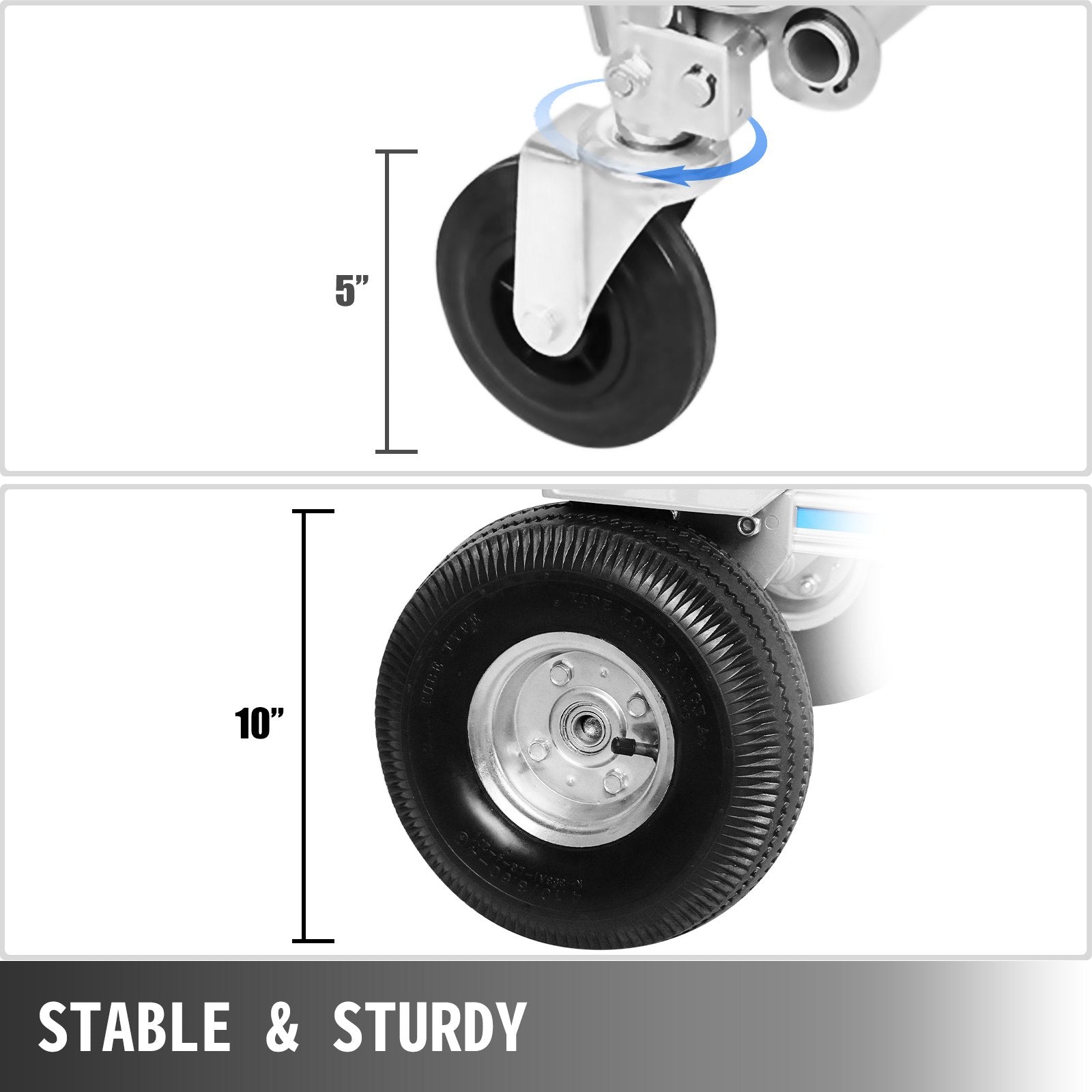 Large rubber wheels on aluminum hand truck with caster mounts and support frame
