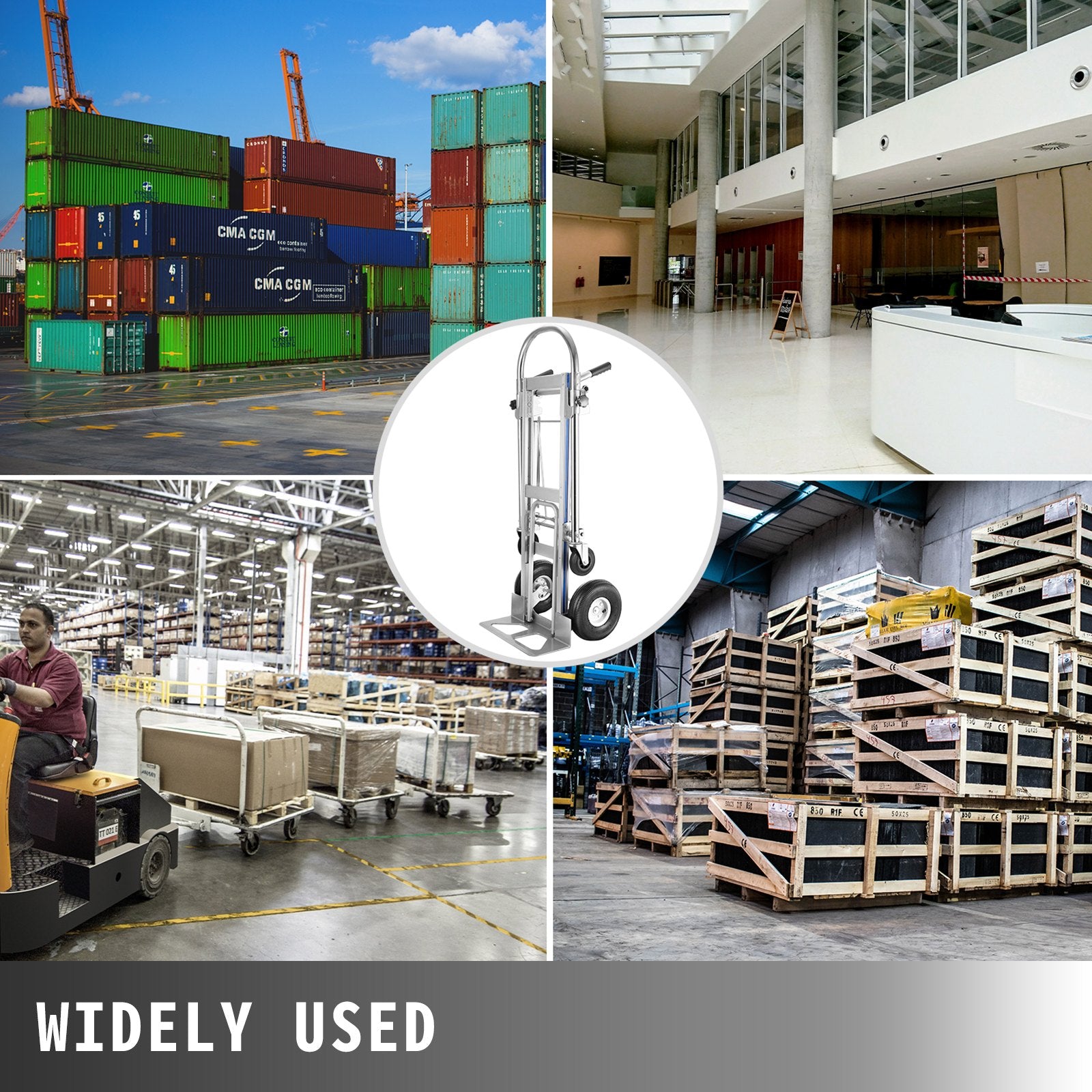 Folding aluminum hand truck for warehouse use with upright handle and wheel base