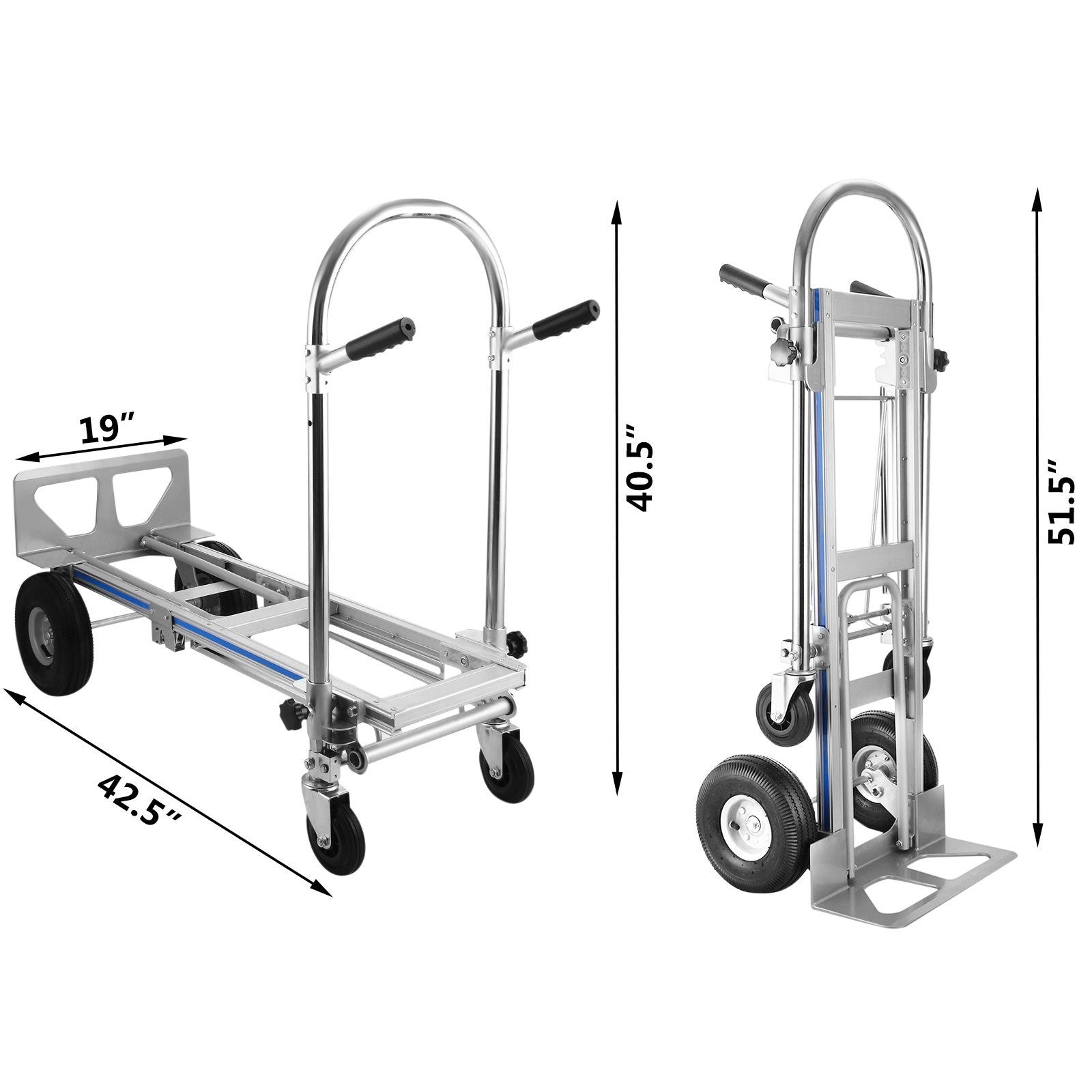 Measured view of folding aluminum hand truck with platform, wheels, and tall handle