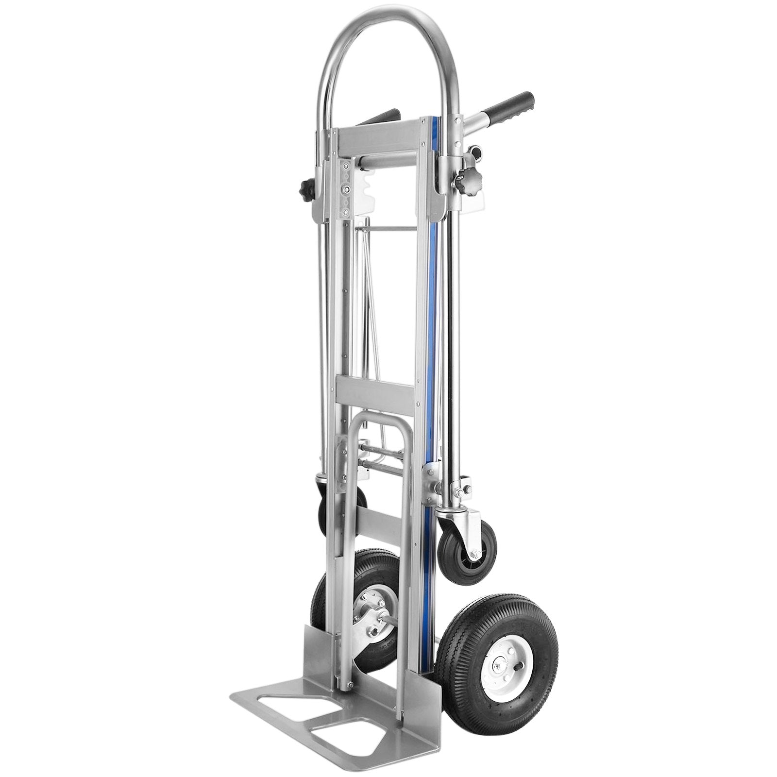 Upright folding aluminum hand truck with platform foot and two large rubber wheels