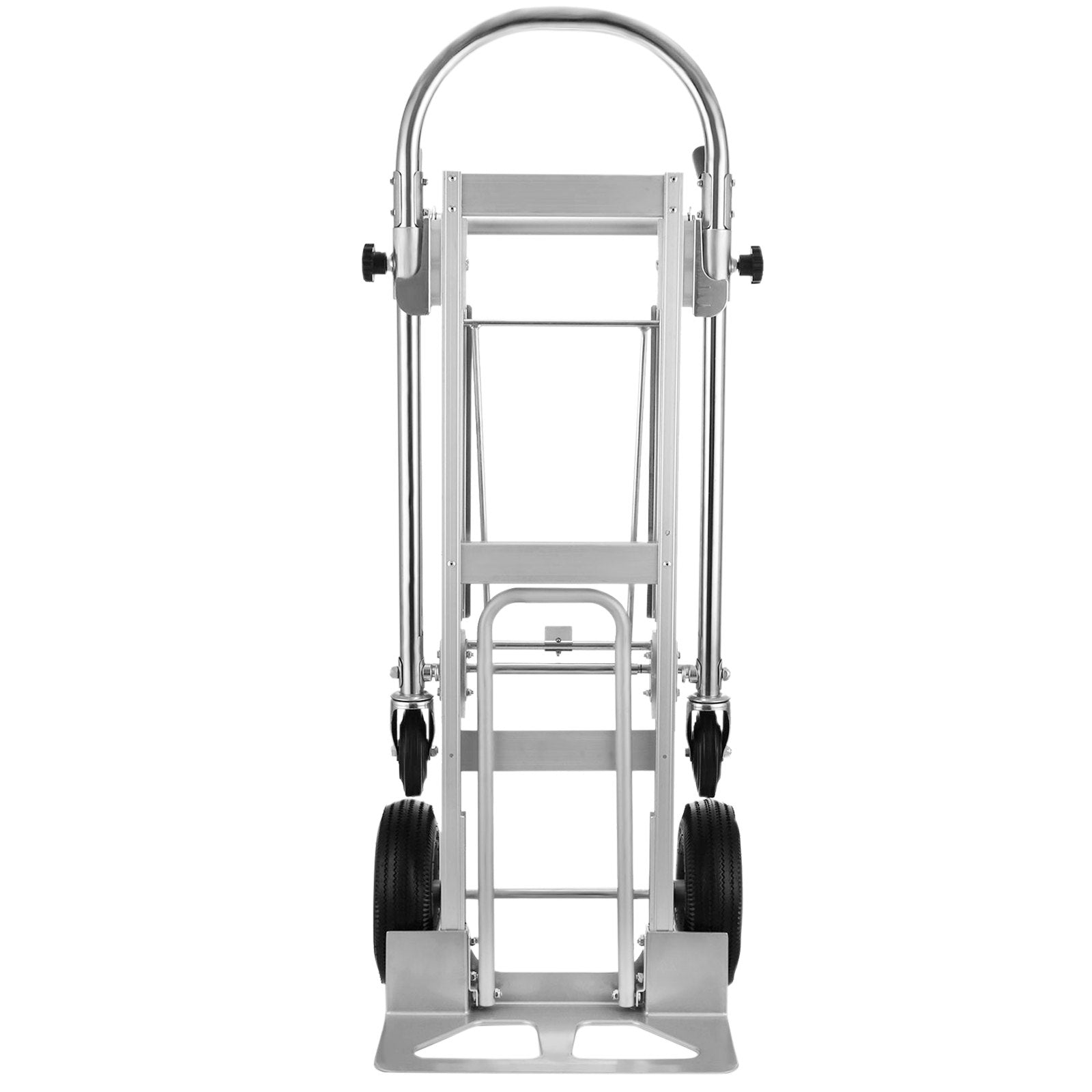 Compact folding aluminum hand truck with upright frame and four small wheel supports