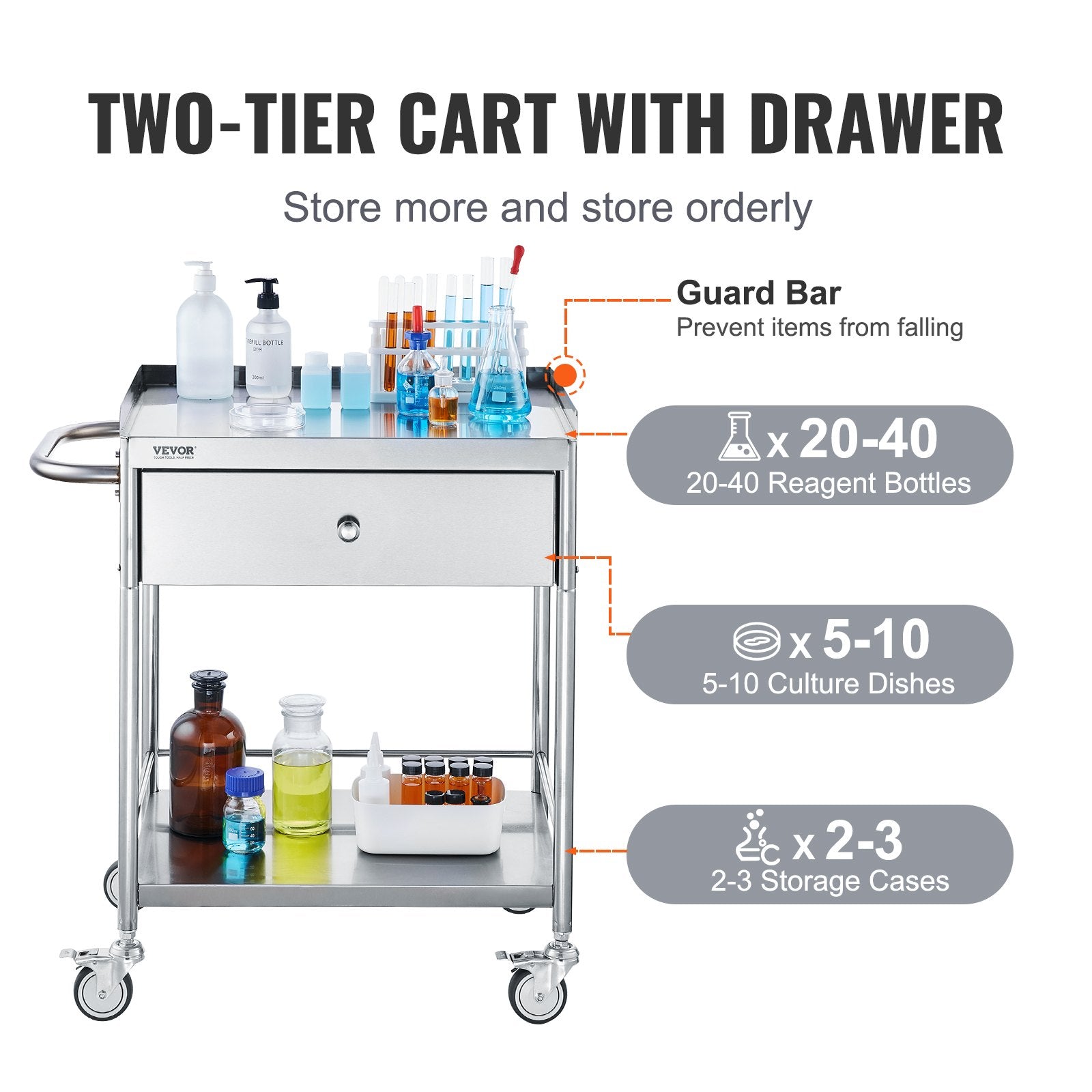 VEVOR Medical Cart, 2 Layer stainless Steel Cart100 kg Weight Capacity Utility Cart Silent Wheels and a Drawer for Lab, Clinic, kitchen, Salon