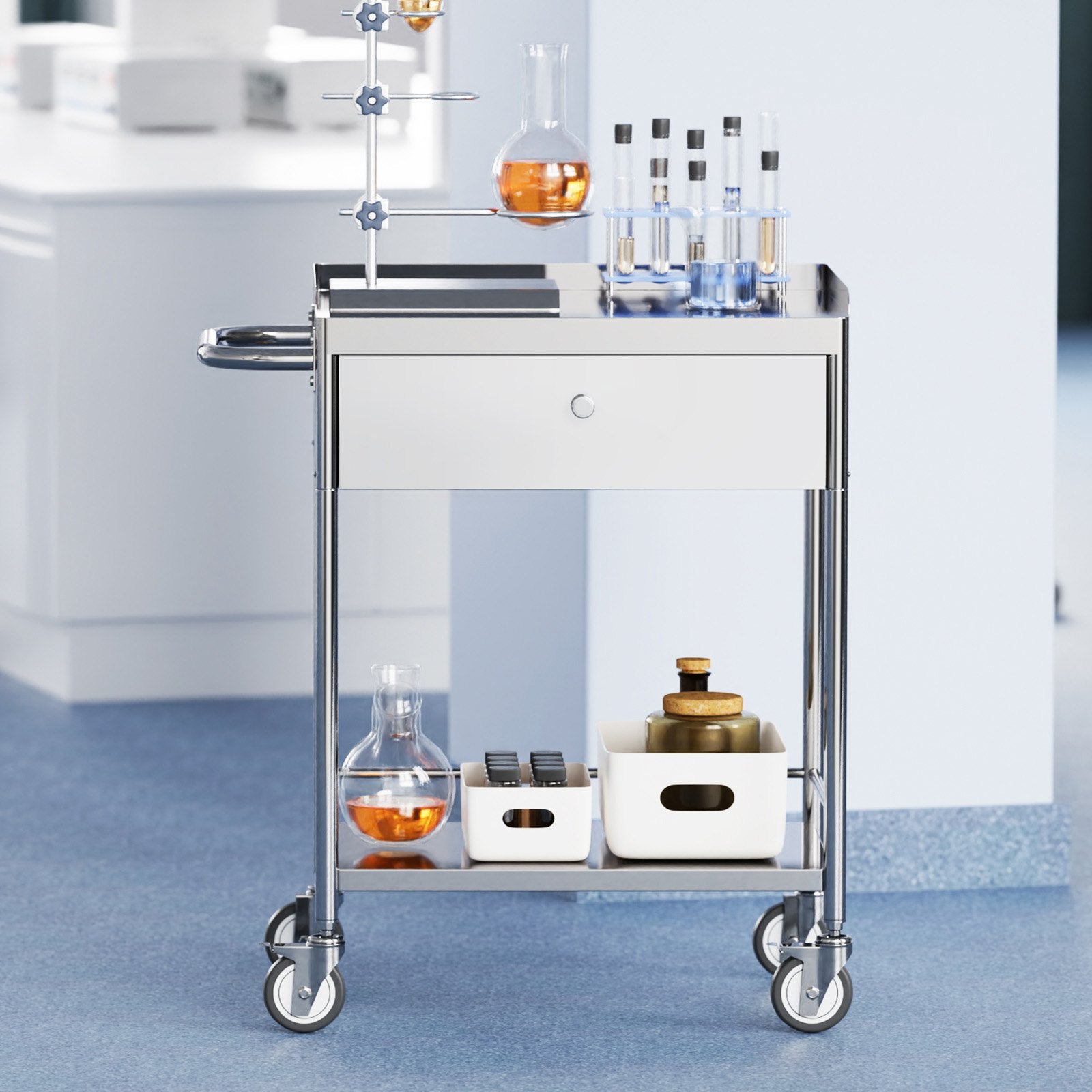 VEVOR Medical Cart, 2 Layer stainless Steel Cart100 kg Weight Capacity Utility Cart Silent Wheels and a Drawer for Lab, Clinic, kitchen, Salon