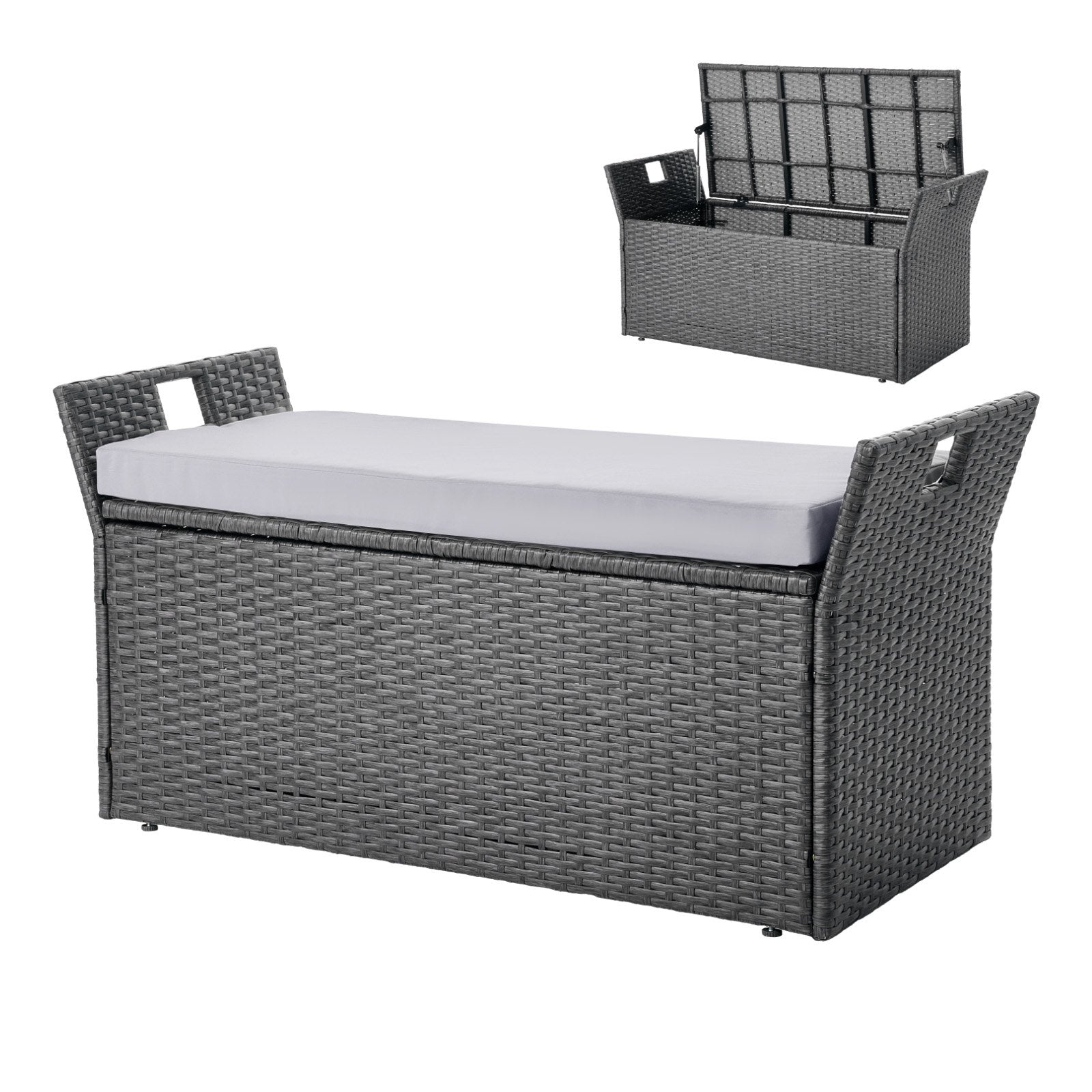 VEVOR Outdoor Storage Bench, 2-Person PE Rattan Storage Bench, 151L Deck Box with Cushion & Side Handle, Supports up to 181kg, Weatherproof Outdoor Seating & Porch Decor for Patio Garden Balcony