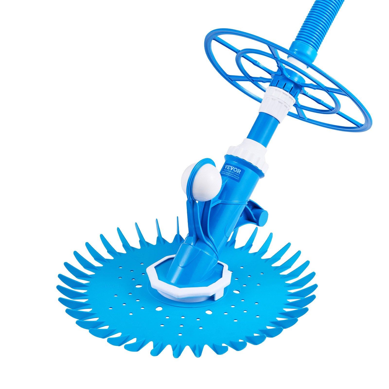 Blue automatic pool suction vacuum with round brush head and suction hose