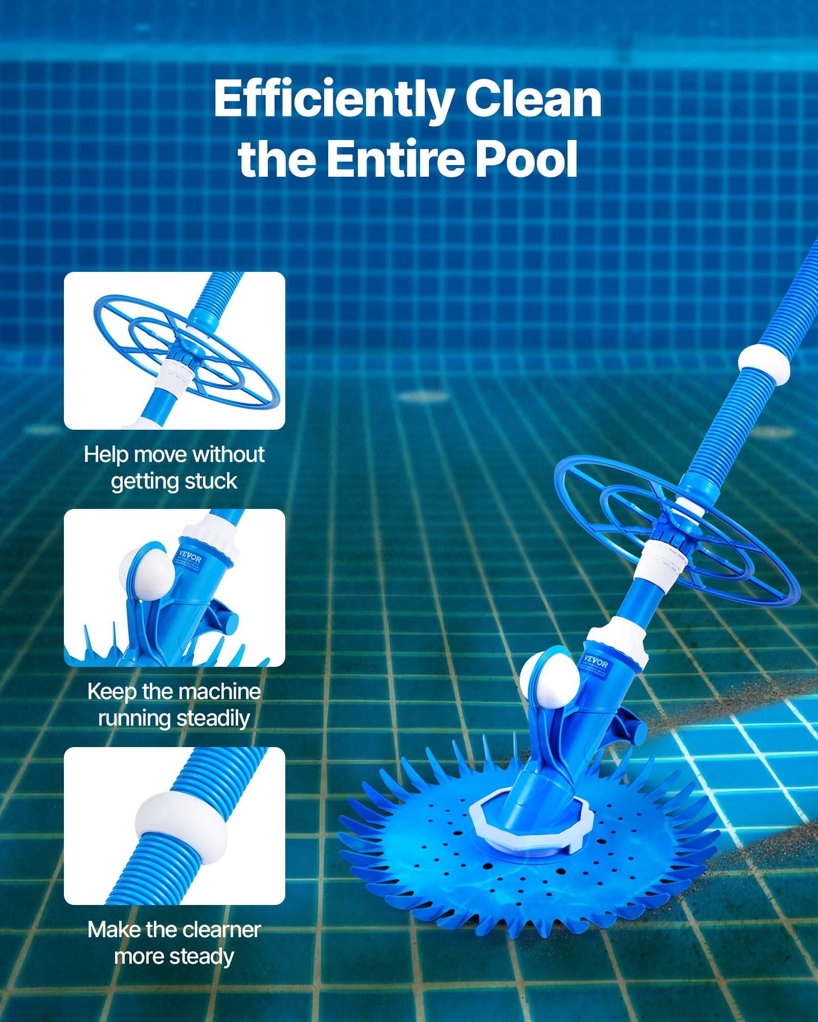 Blue pool suction vacuum cleaner on grid-pattern pool surface with hose