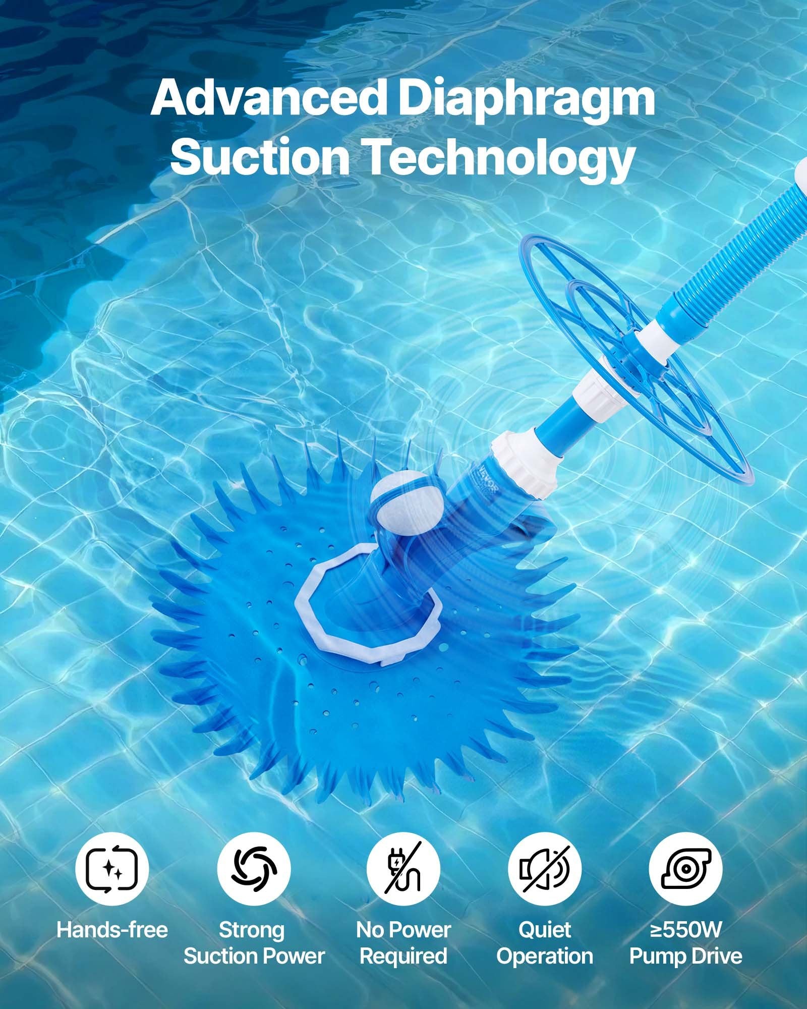 Blue diaphragm suction pool vacuum with circular brush and flexible hose