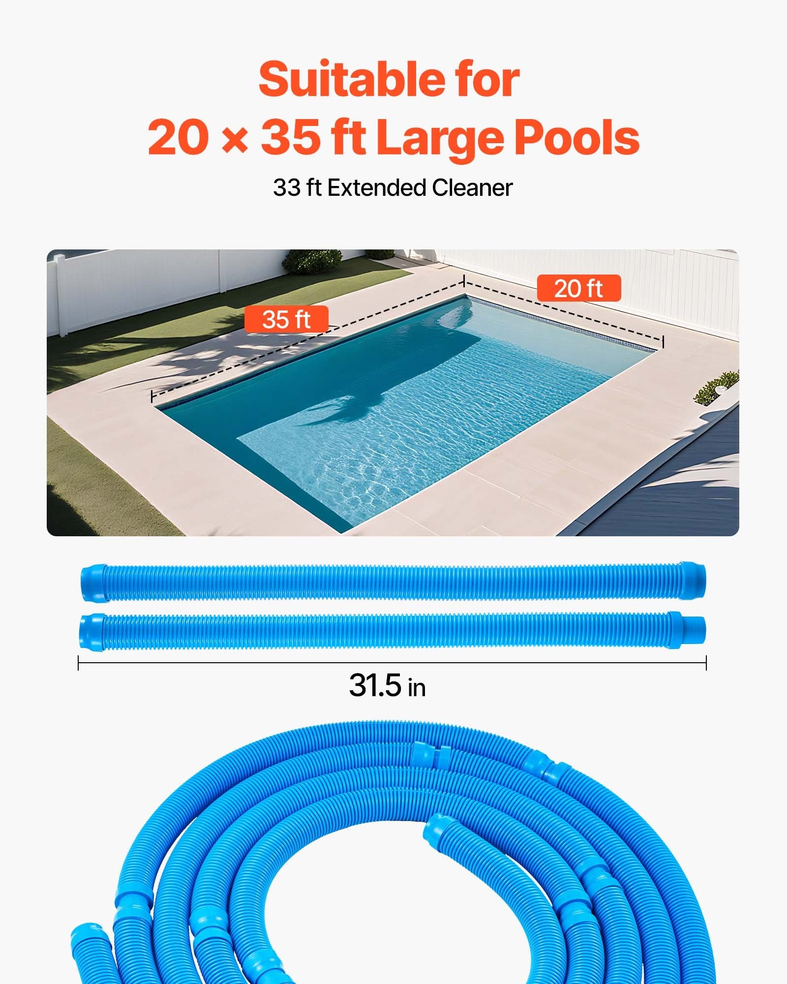 Blue pool vacuum cleaner with long hoses shown on a white background