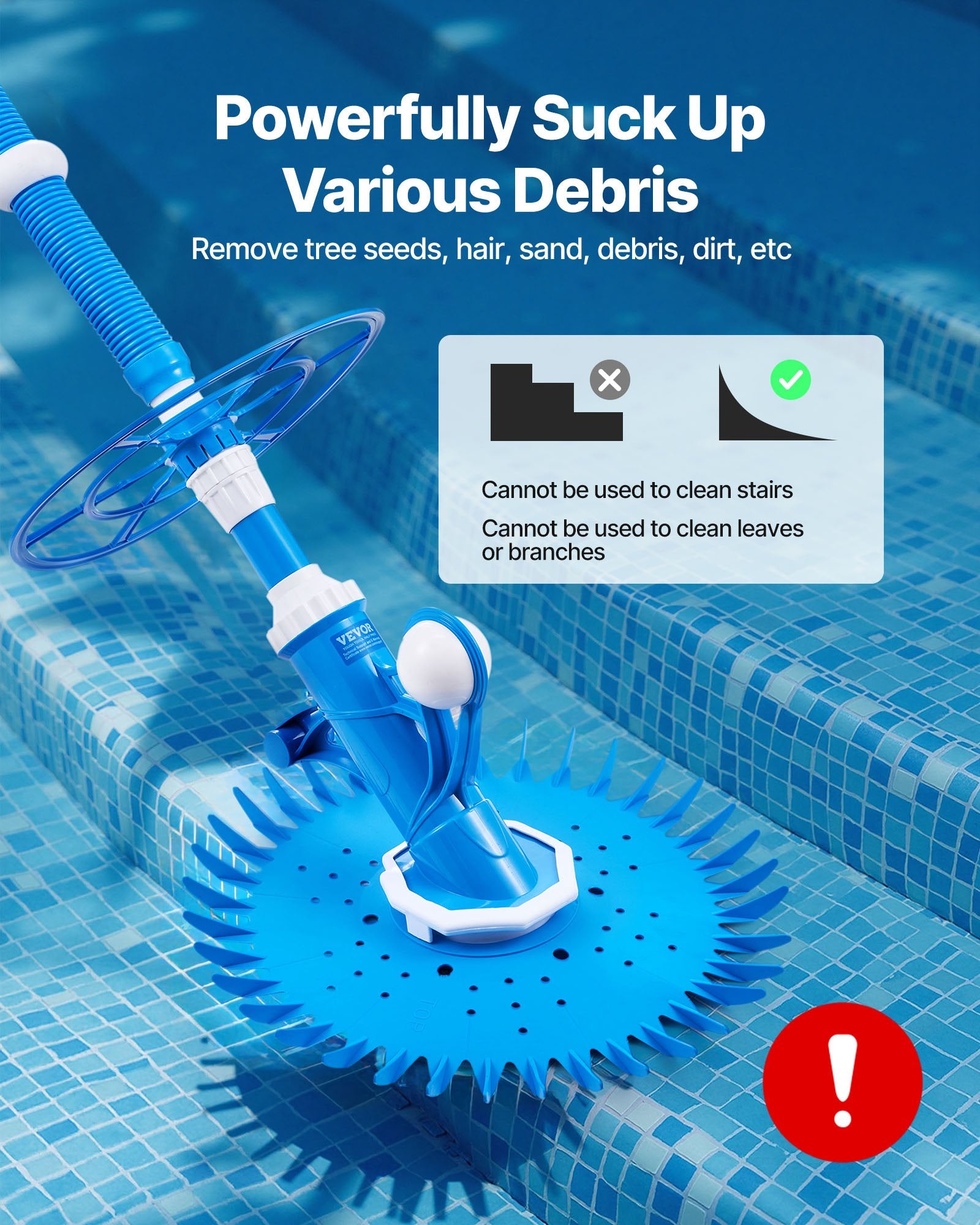 Blue automatic pool suction vacuum with round brush head on pool floor