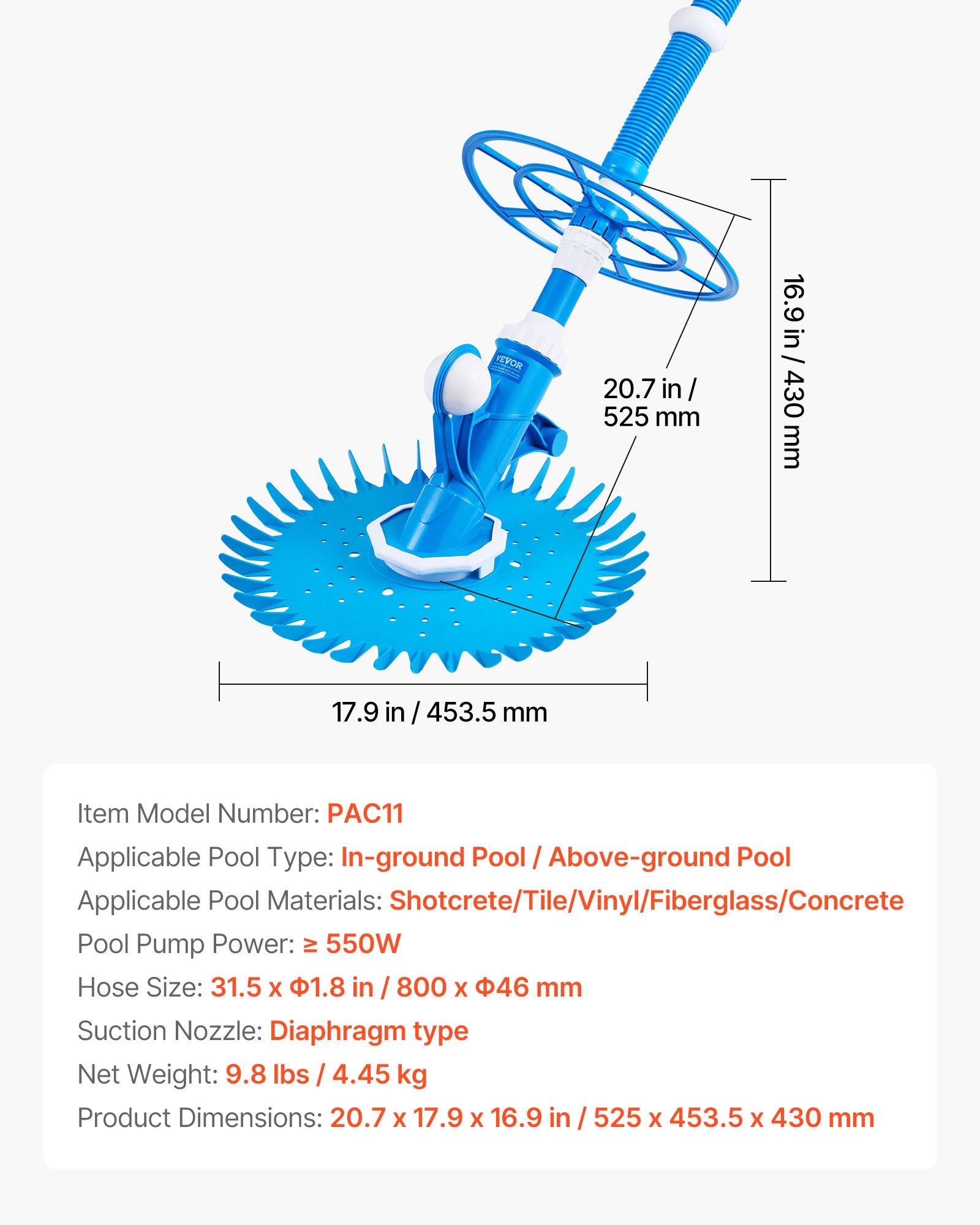 Blue automatic pool suction cleaner with circular brush head and measurement view