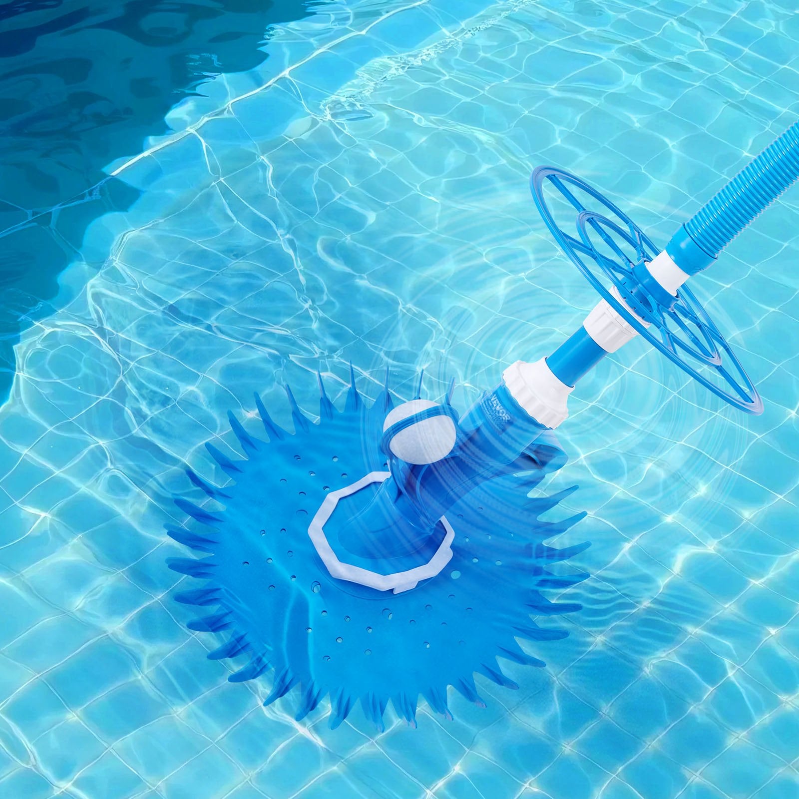 Blue pool suction vacuum cleaner with circular brush head in clear water