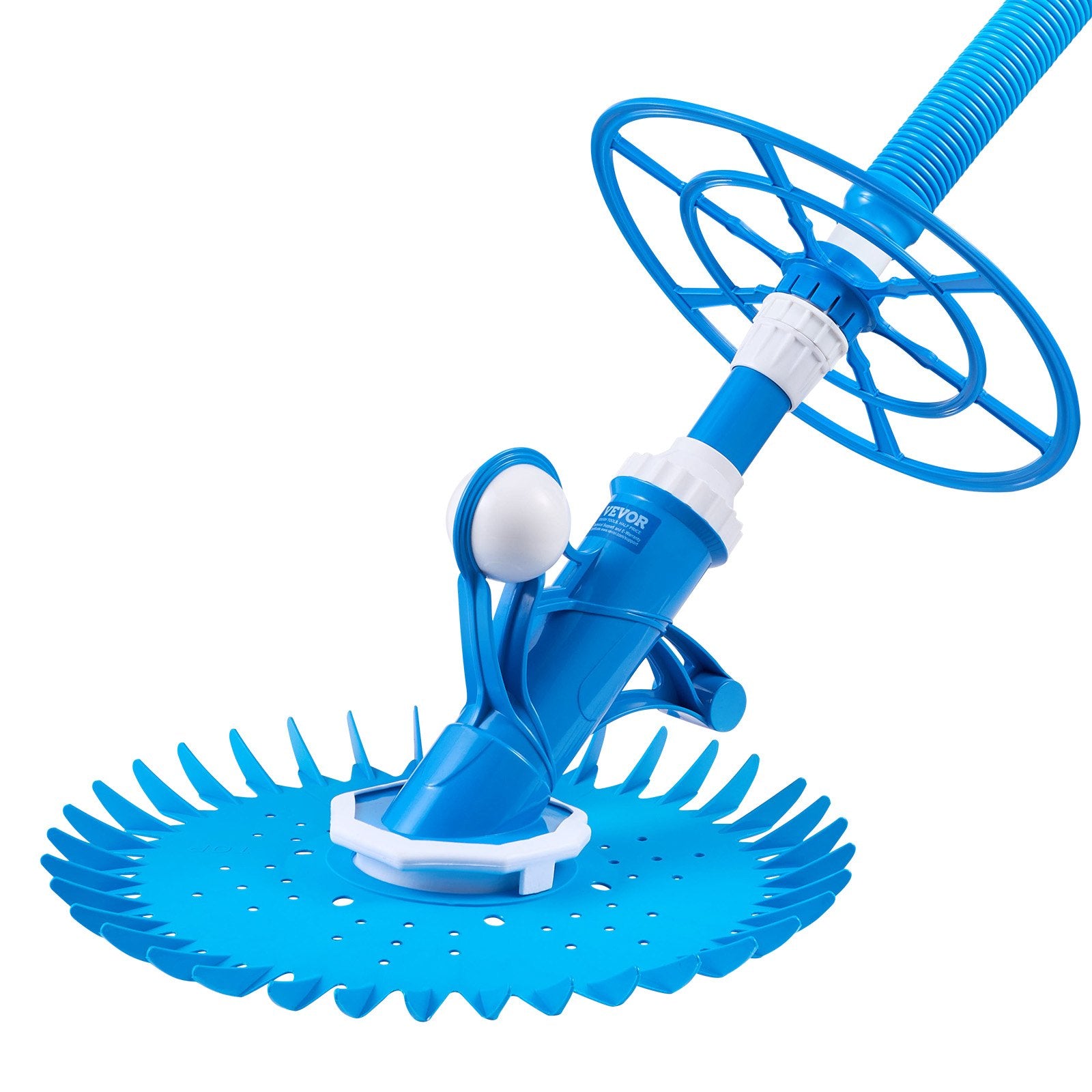 Blue automatic pool vacuum with round brush head and ribbed suction hose