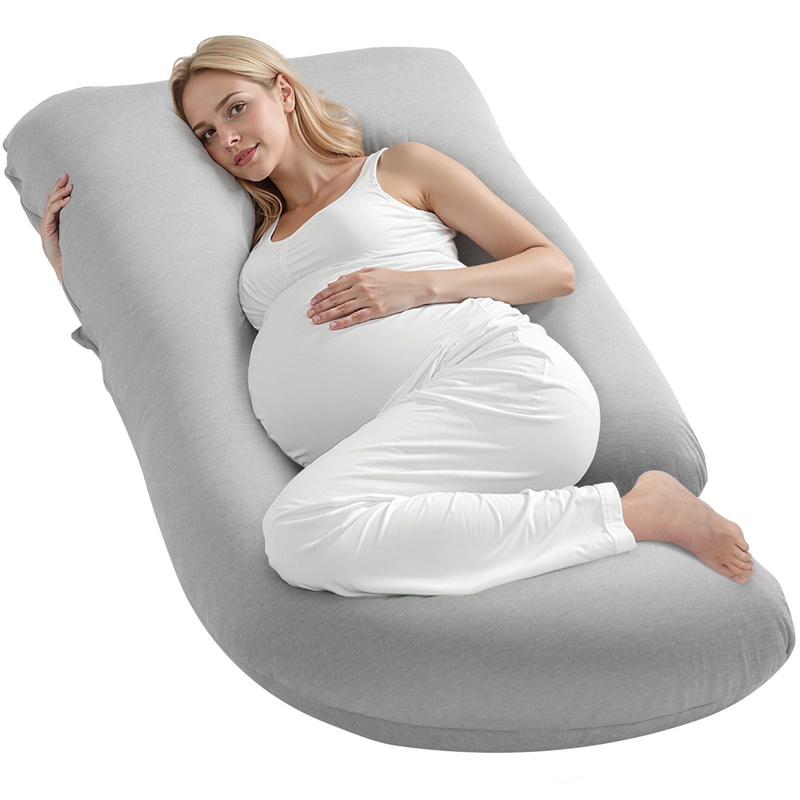 Gray G-shaped pregnancy body pillow with contoured U support for back and belly