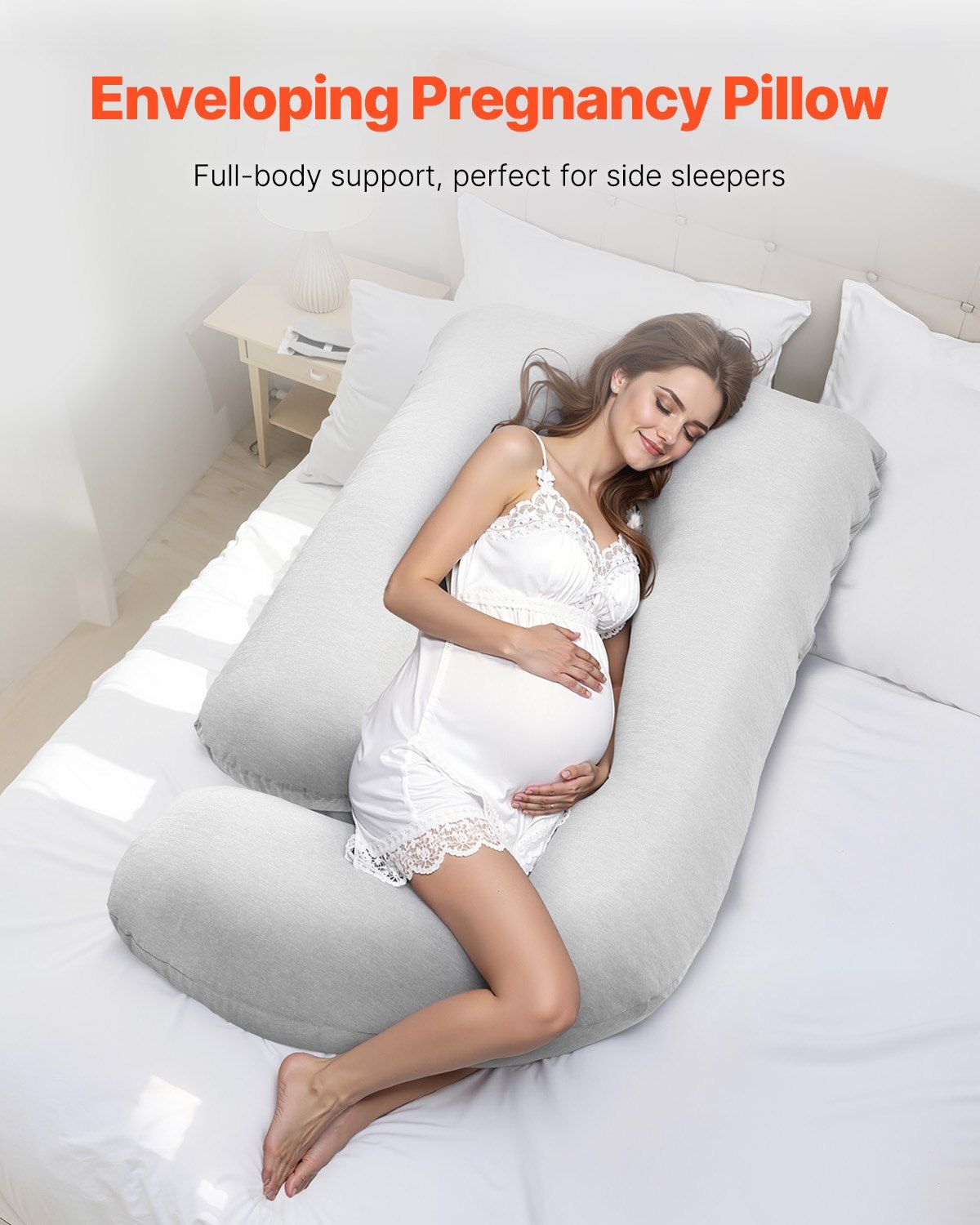 Gray G-shaped pregnancy body pillow with side-sleeping support for head, back, and legs