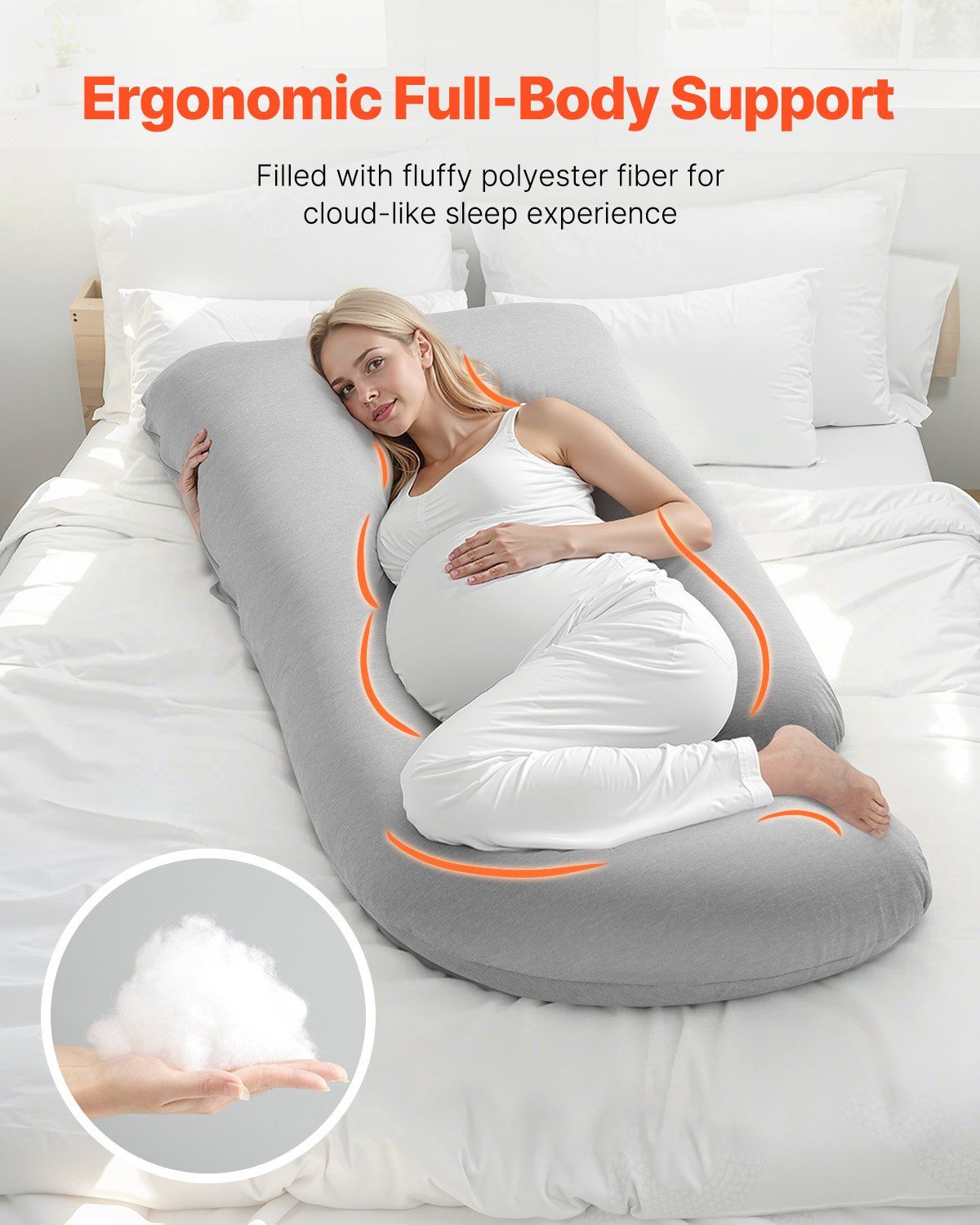 Gray G-shaped pregnancy body pillow with curved support for full-body comfort
