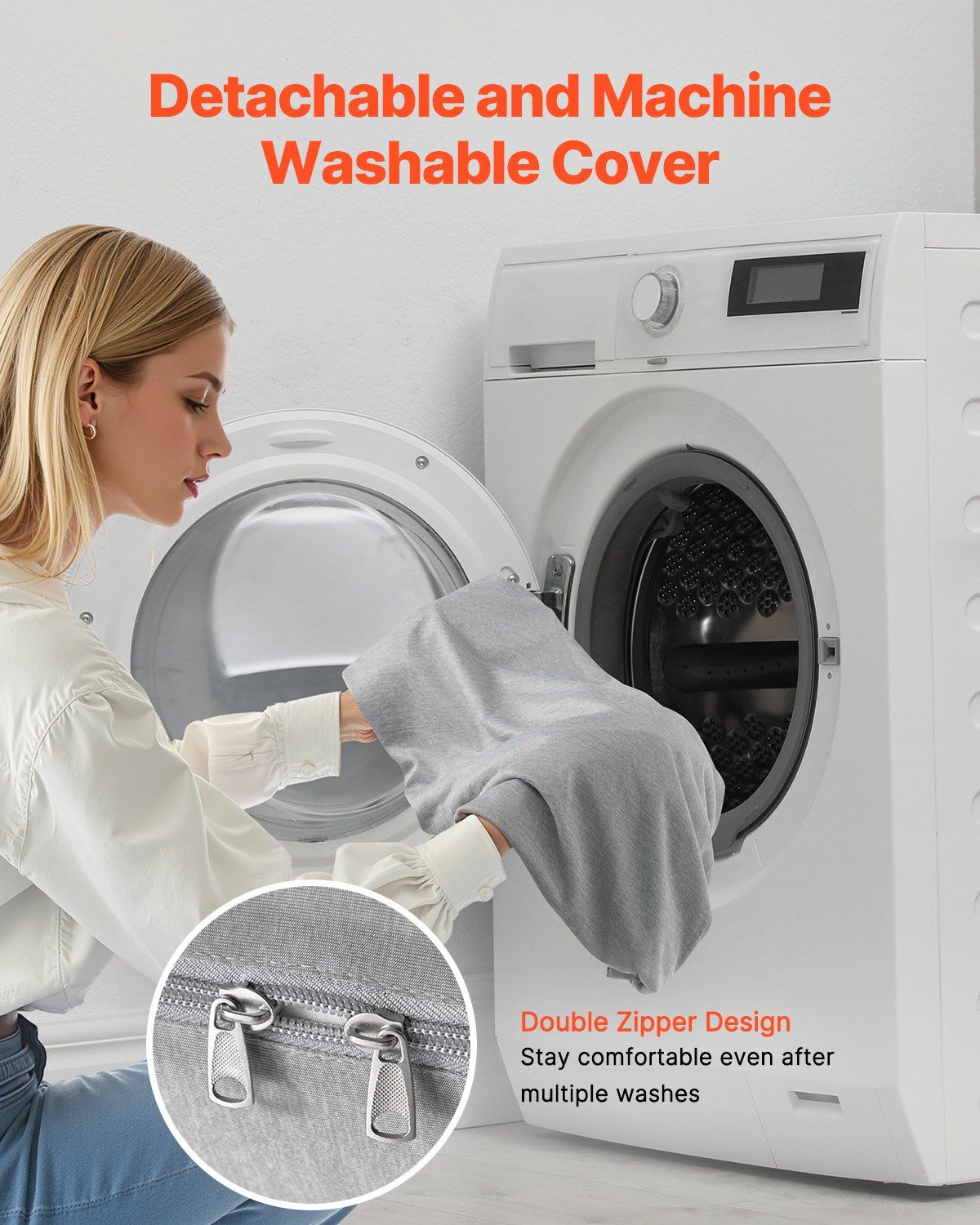 Removable gray pregnancy pillow cover with double zipper design for machine washing