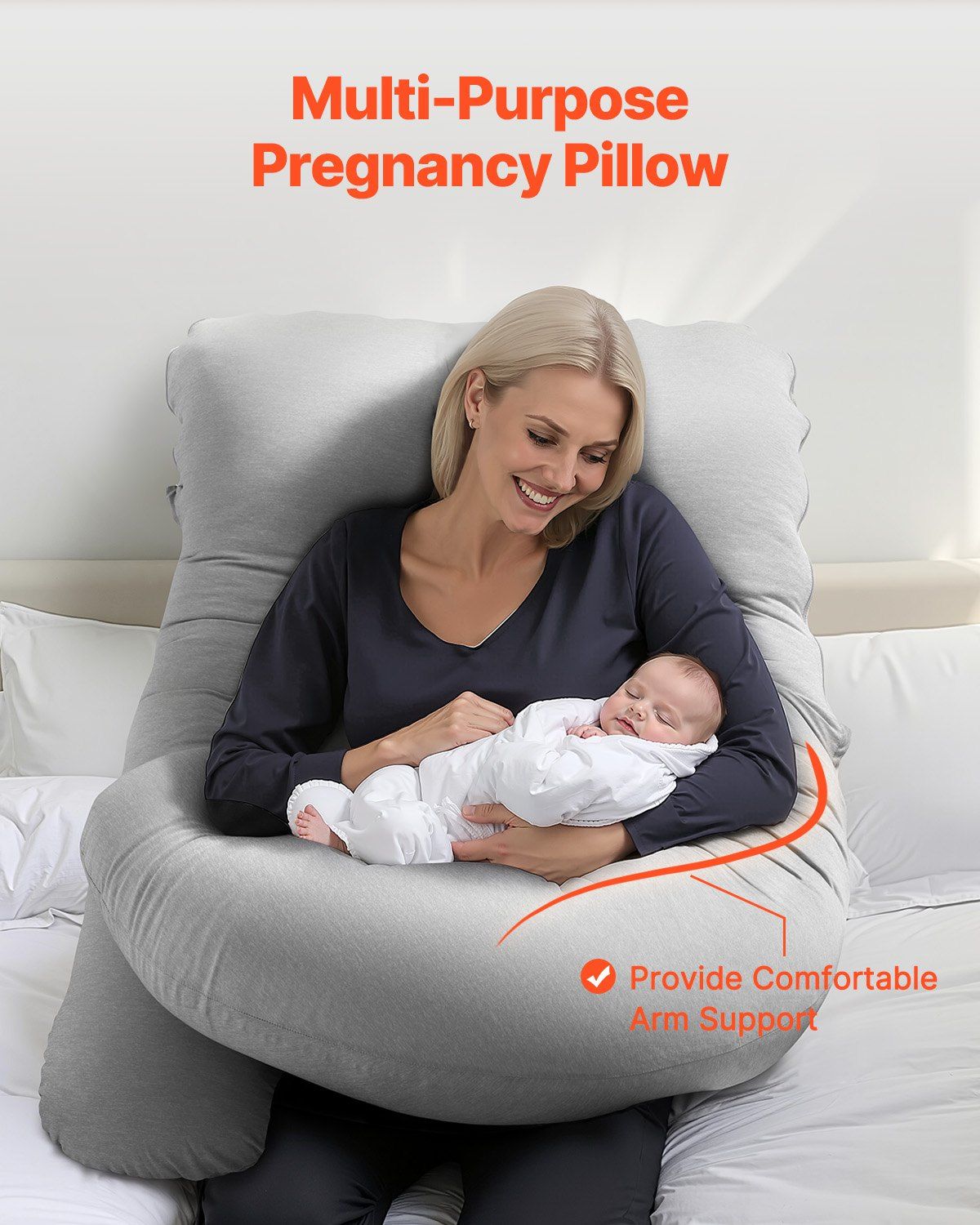 Gray pregnancy body pillow with arm-support side contour