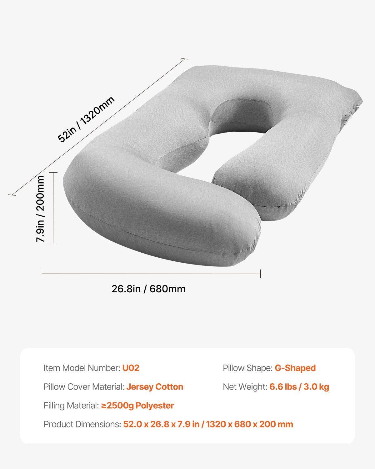 Gray G-shaped pregnancy body pillow size diagram with U-shaped contour