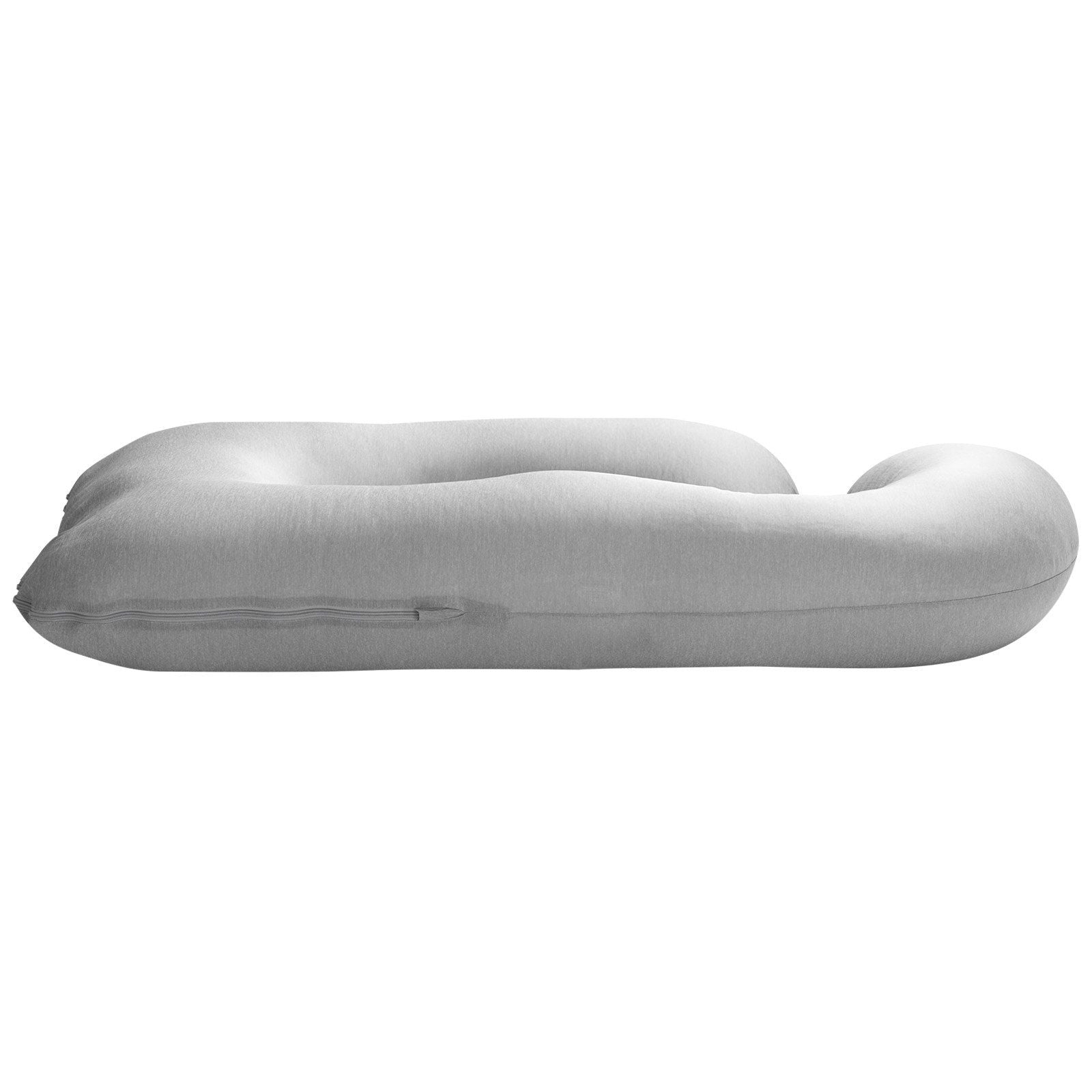 Gray G-shaped pregnancy body pillow side profile with smooth curved cushioning