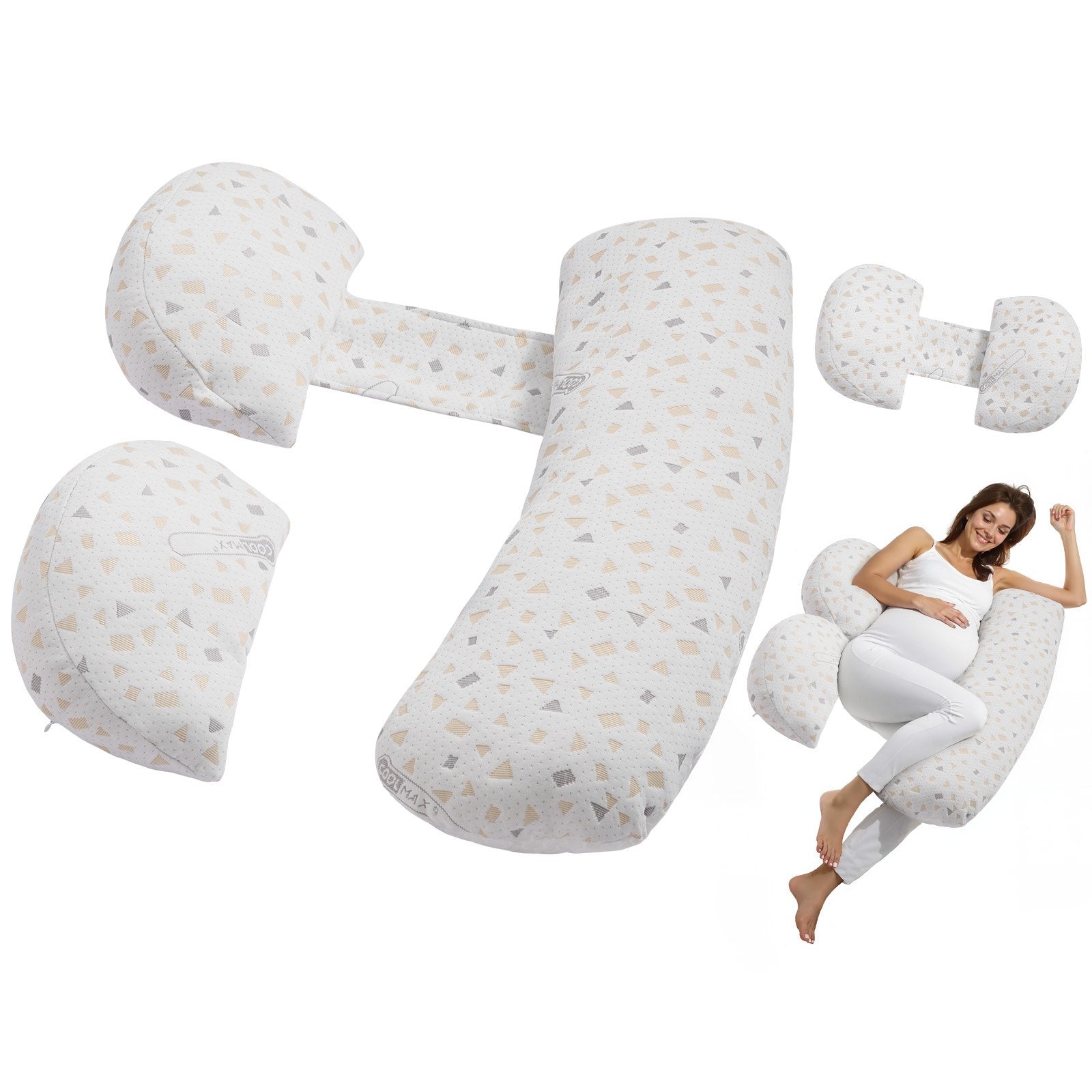 Adjustable pregnancy body pillow set with three supportive U-shaped cushions and cover
