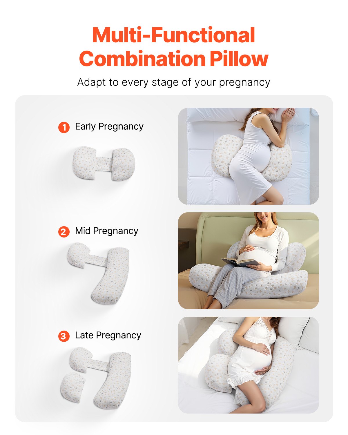 Adjustable pregnancy body pillow showing multi-stage support positions with U-shaped inserts