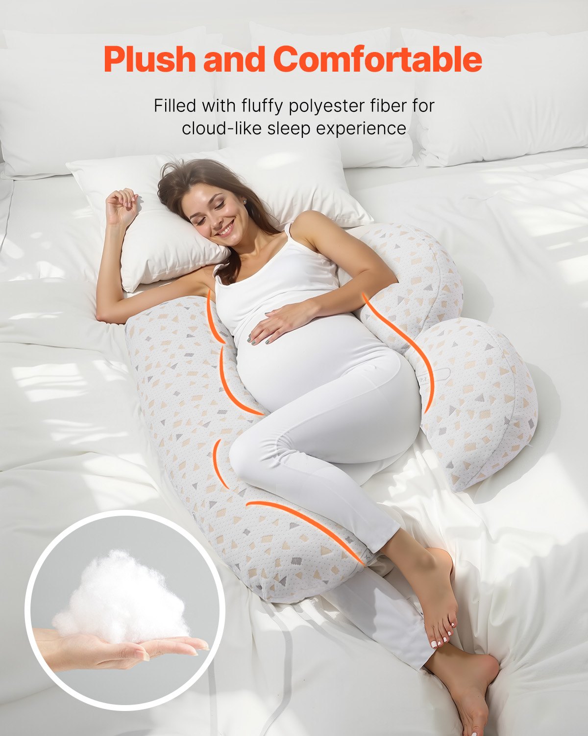 Pregnancy body pillow with soft patterned cover, plush fill, and rounded support arms