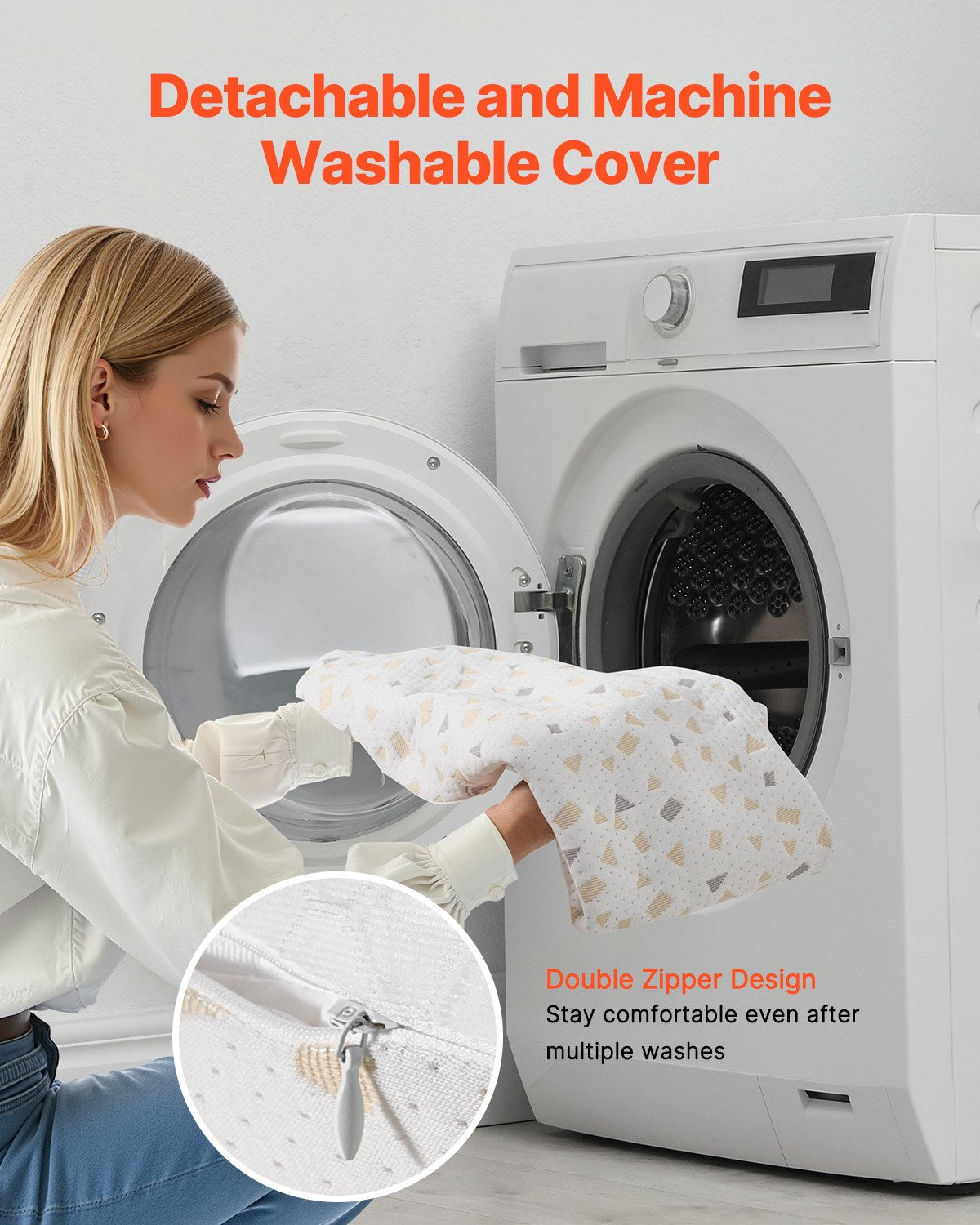 Pregnancy body pillow with removable, machine-washable cover and visible double-zip design