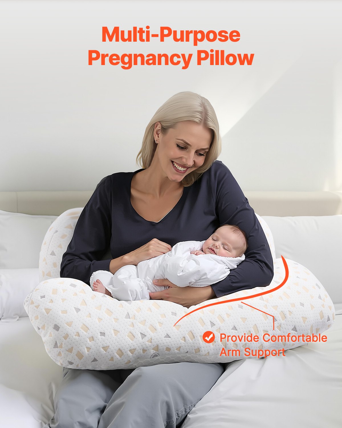 Pregnancy body pillow providing arm and chest support with plush patterned cushions