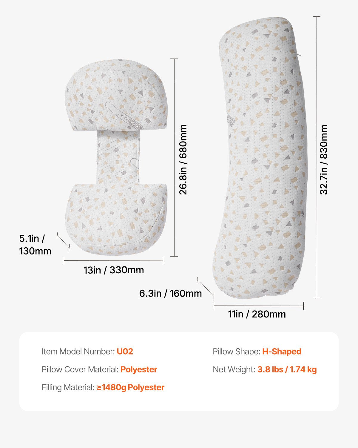 Pregnancy body pillow size diagram for H-shaped U-support cushions and cover material