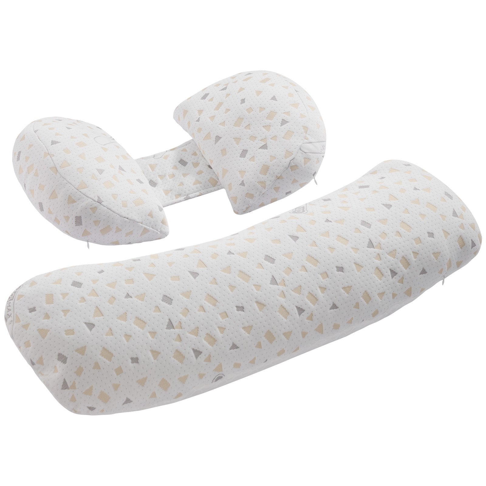 H-shaped pregnancy body pillow with three rounded cushions and light geometric patterned cover