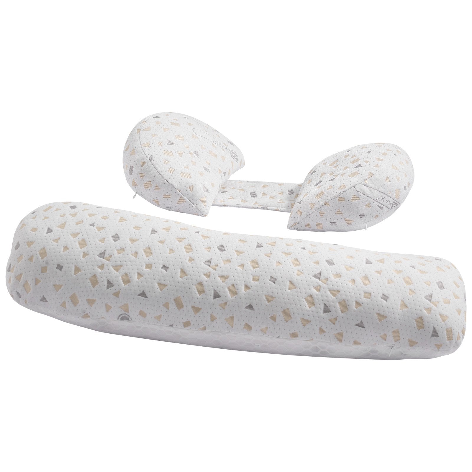 Adjustable pregnancy body pillow in profile with three neck-and-hip support cushions