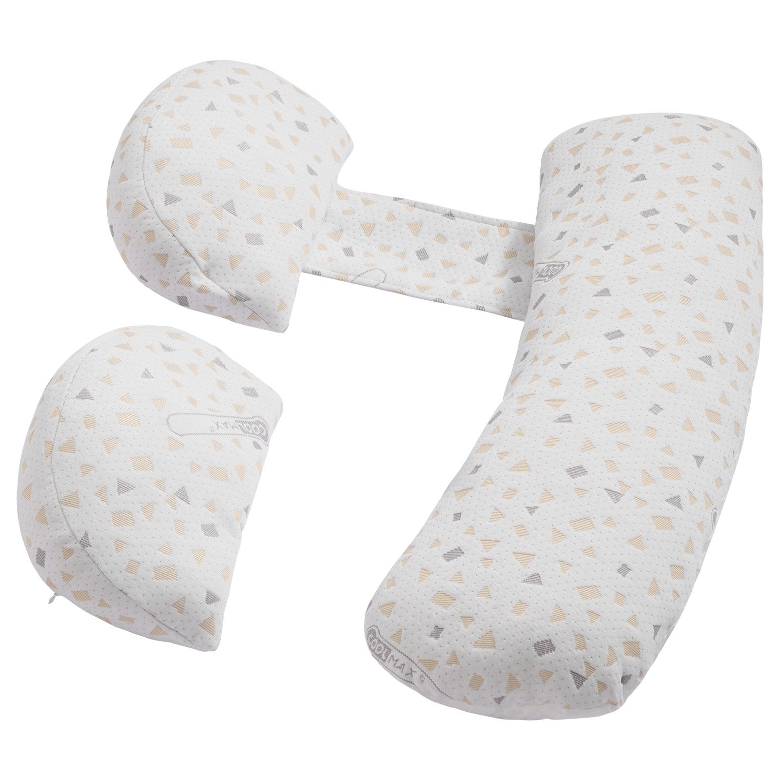 Maternity body pillow, off-white patterned U-shape with three contoured supports
