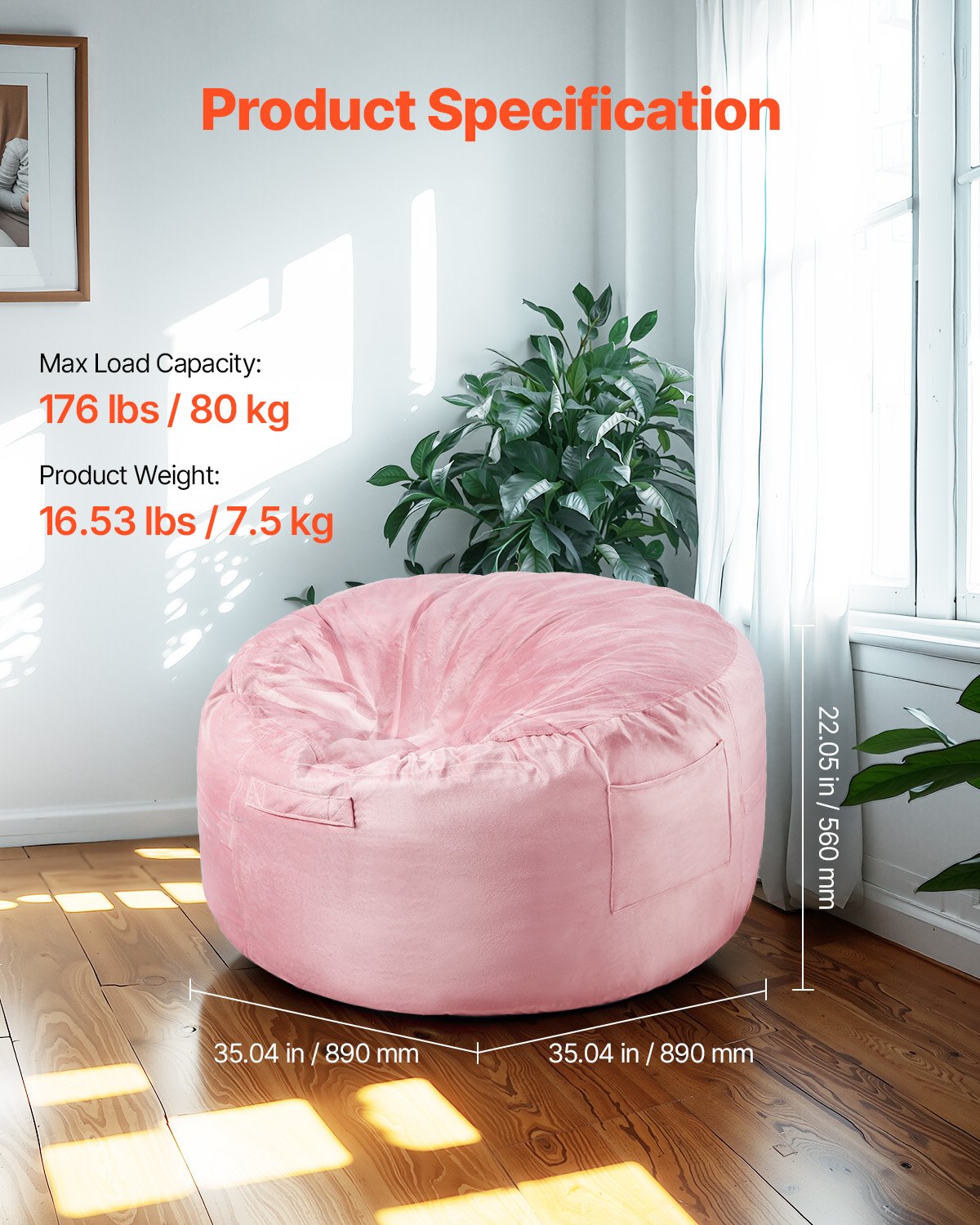 VEVOR 91 cm Round Bean Bag Chair with Removable Cover & Dutch Velvet Pink