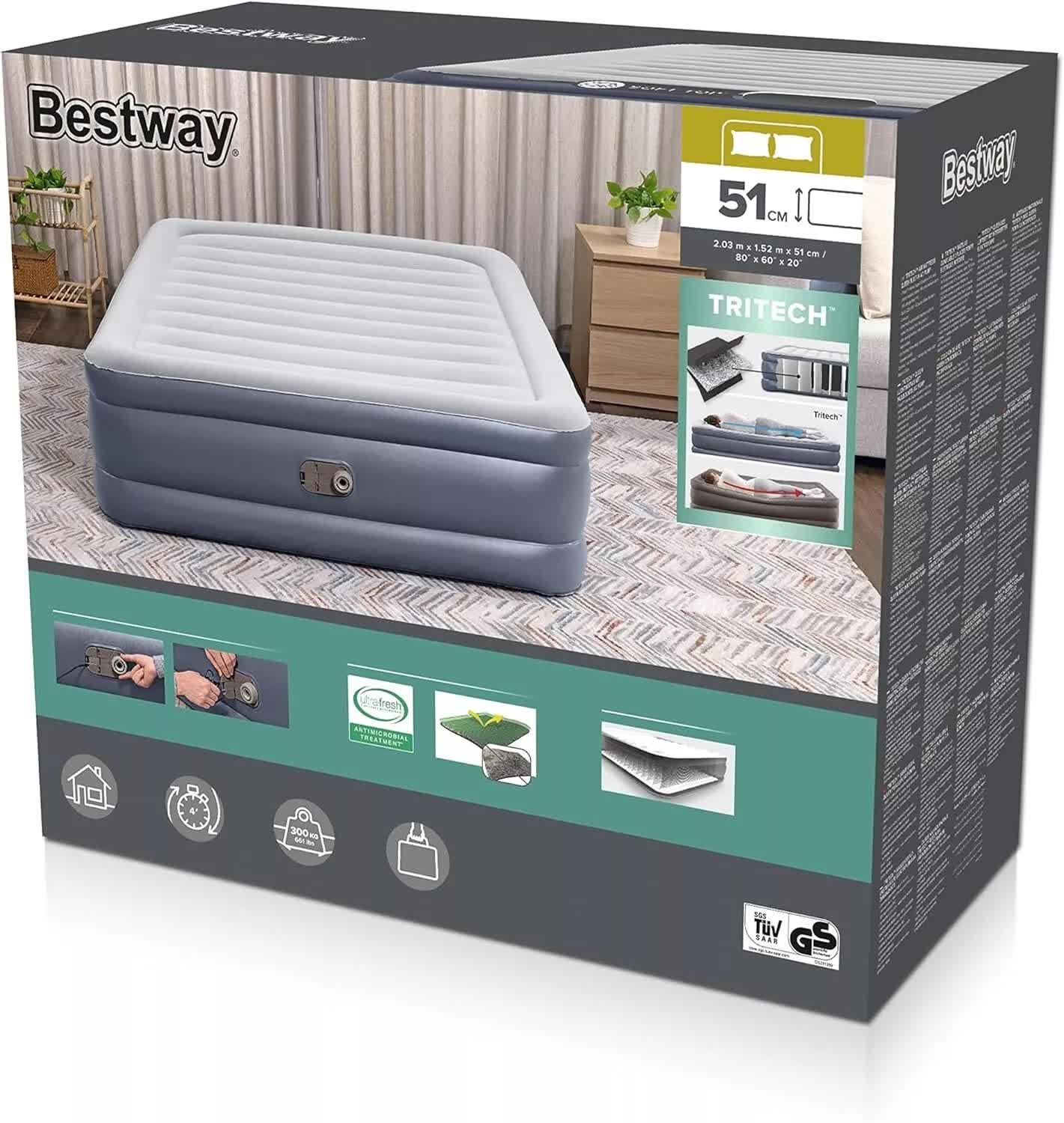 Bestway 2.03m x 1.52m x 51cm Tritech Air Inflatable Mattress Queen Built-in AC Pump