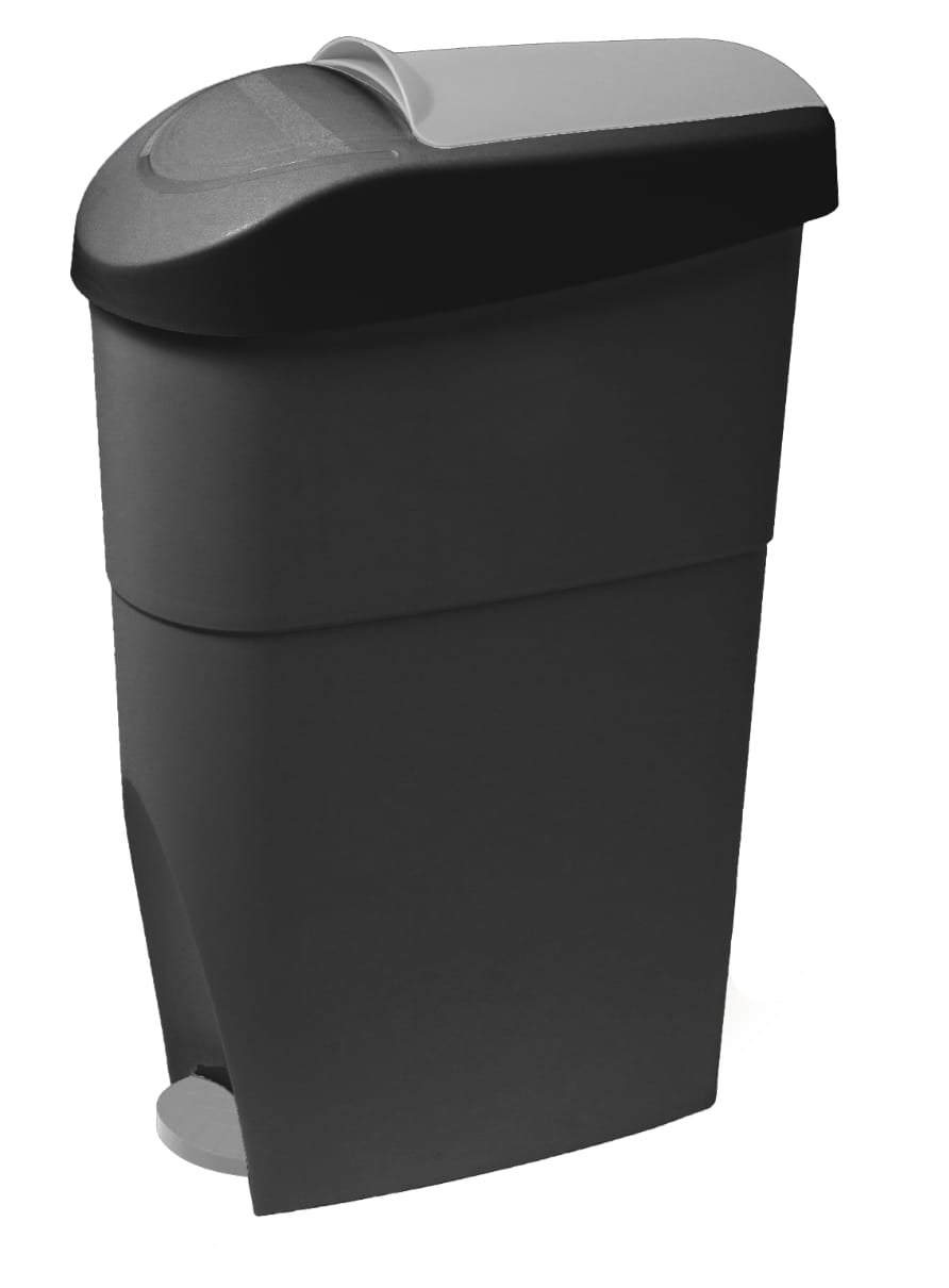 Sanitary bin with swing lid and foot paddle, black body with gray top