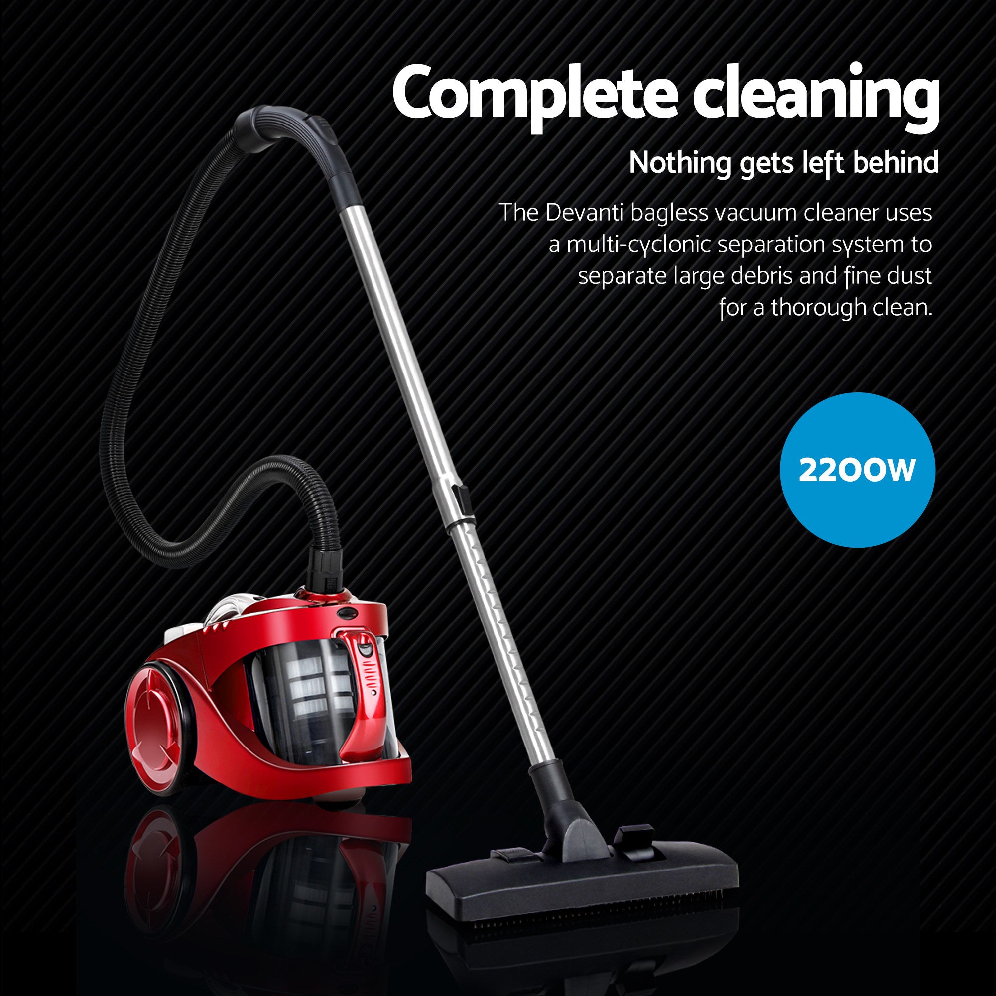Red bagless vacuum cleaner with floor nozzle and clear dust canister