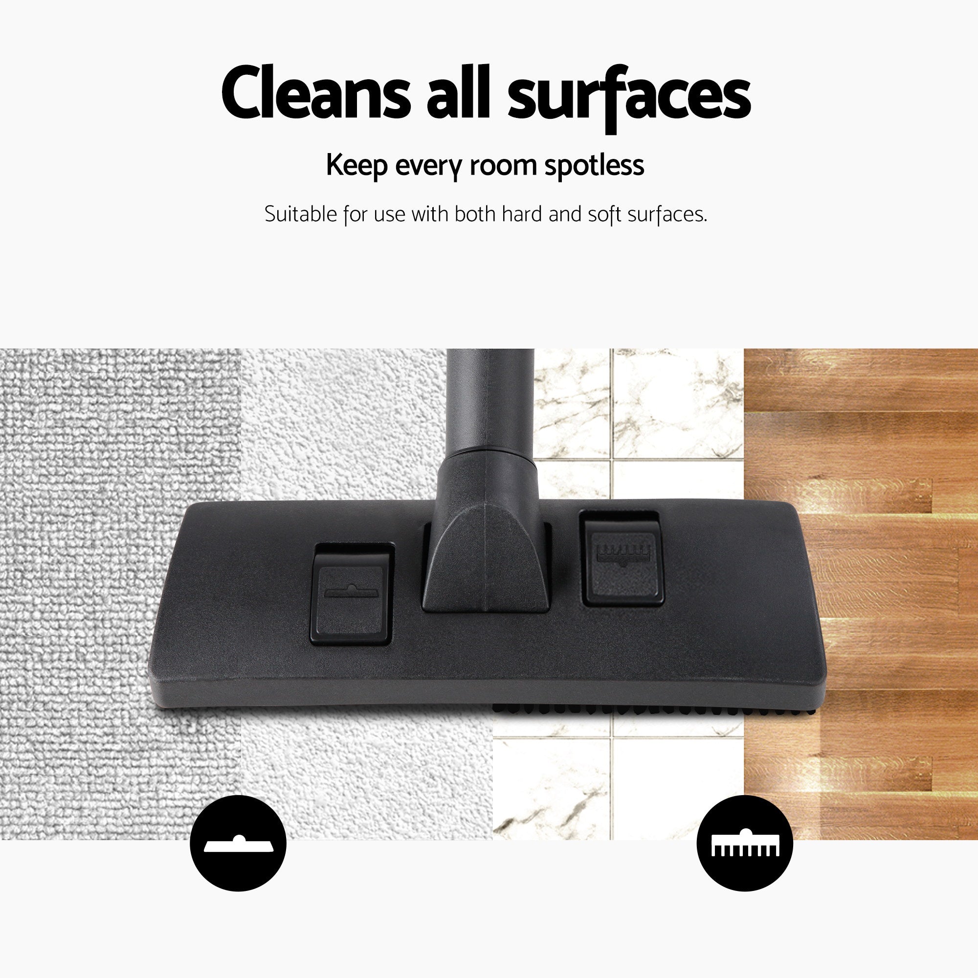Black floor nozzle head with two cleaning modes for hard floors and carpets