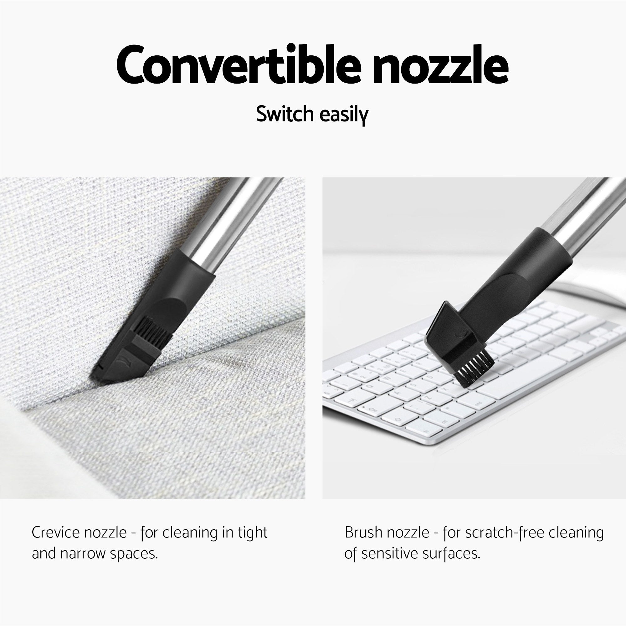 Convertible vacuum nozzle with crevice tool and brush nozzle for different surfaces
